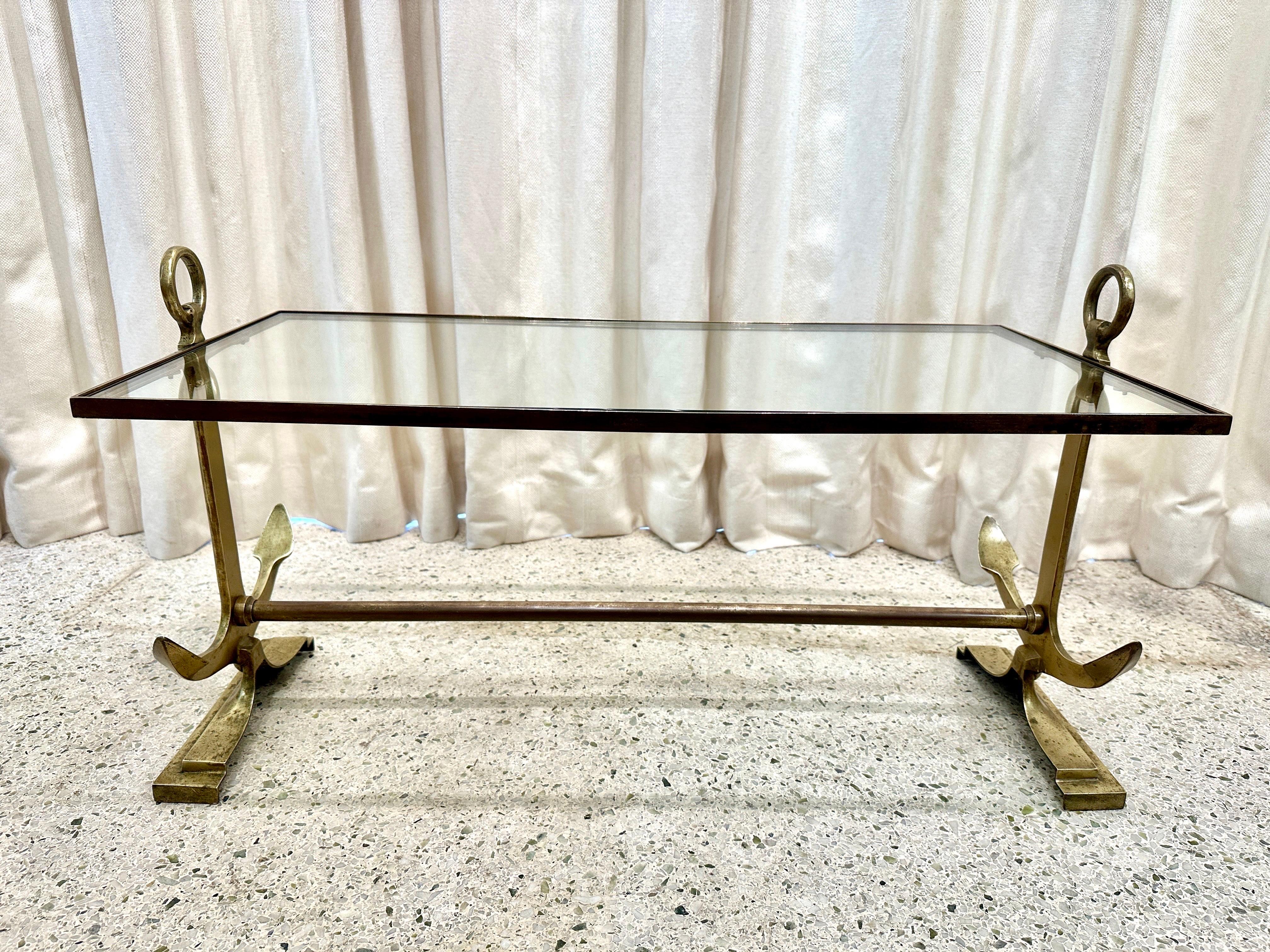 Heavy Brass & Glass Anchor Design Coffee Table, French 1960's For Sale 2