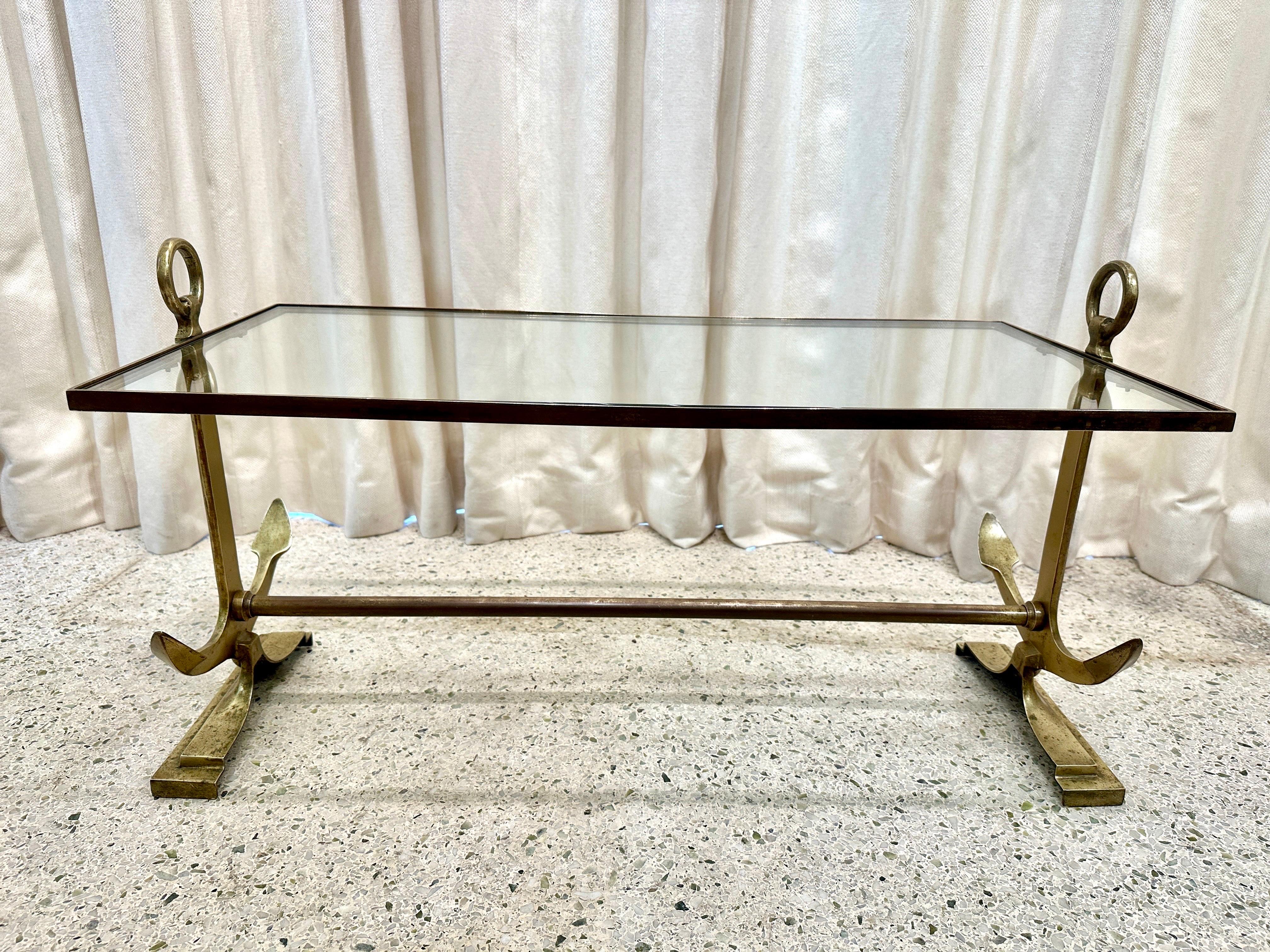 Heavy Brass & Glass Anchor Design Coffee Table, French 1960's For Sale 3