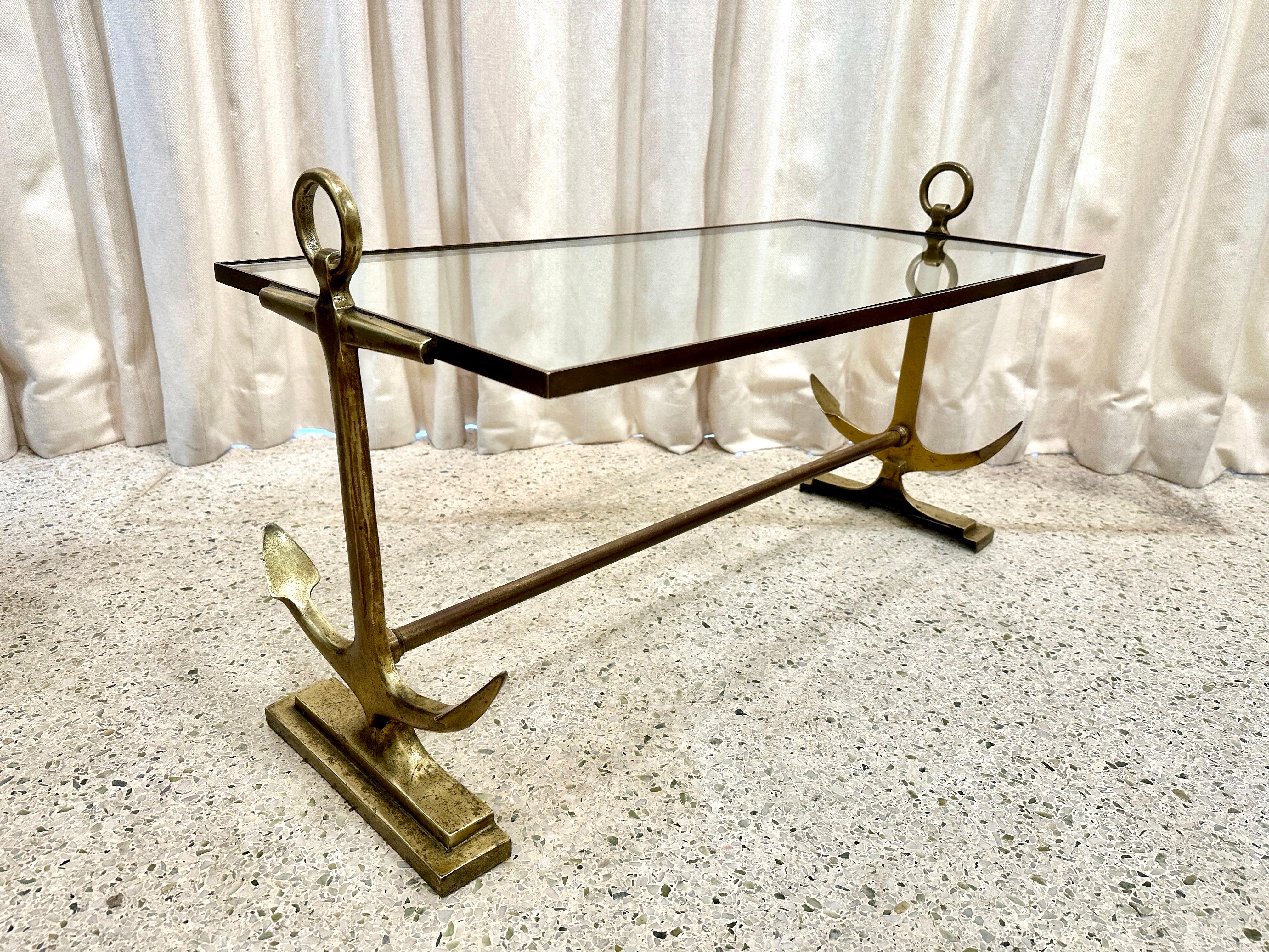 Heavy Brass & Glass Anchor Design Coffee Table, French 1960's For Sale 4
