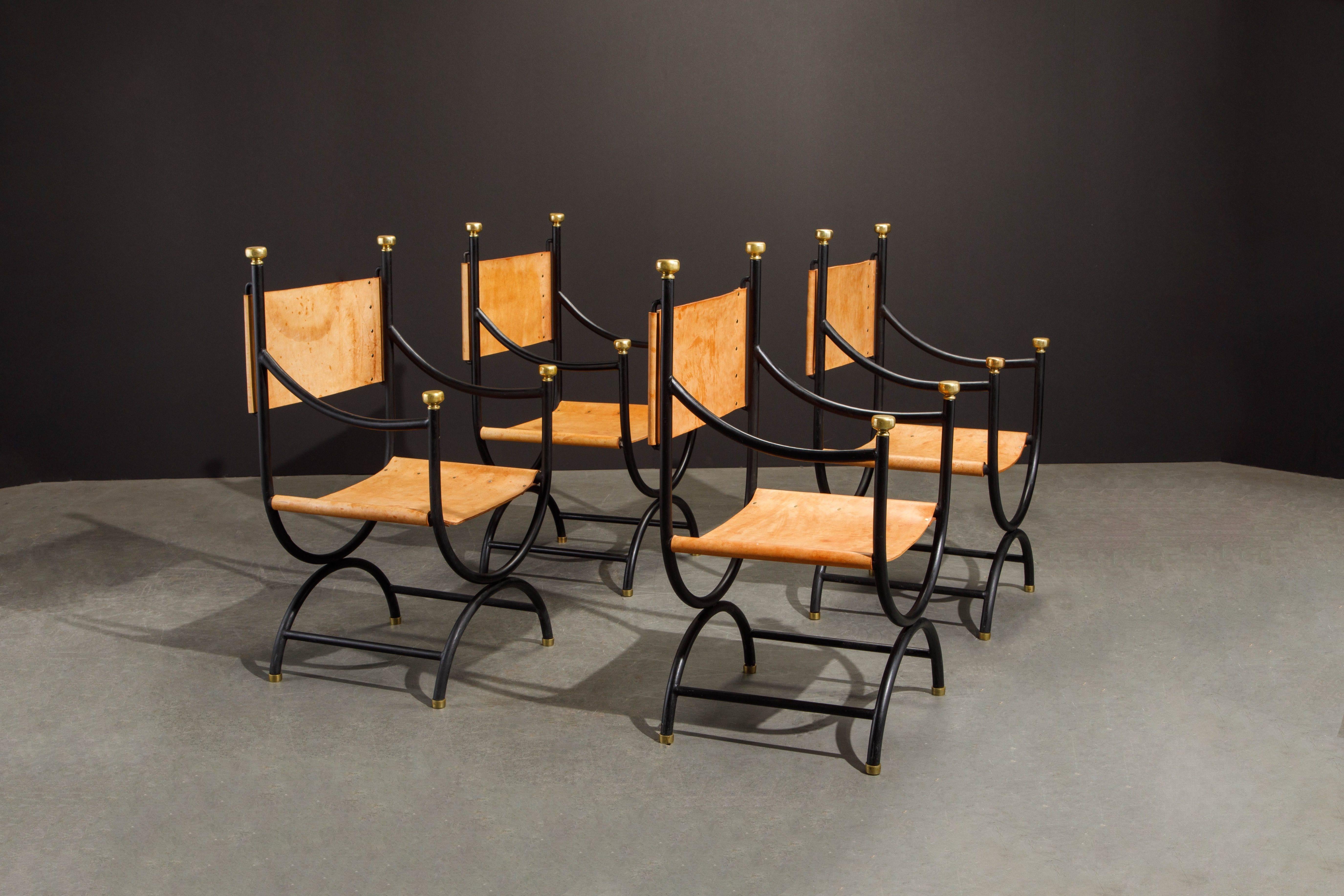 Renaissance Revival Heavy Brass, Iron and Thick Leather Savonarola Directors Chairs, Set of Four