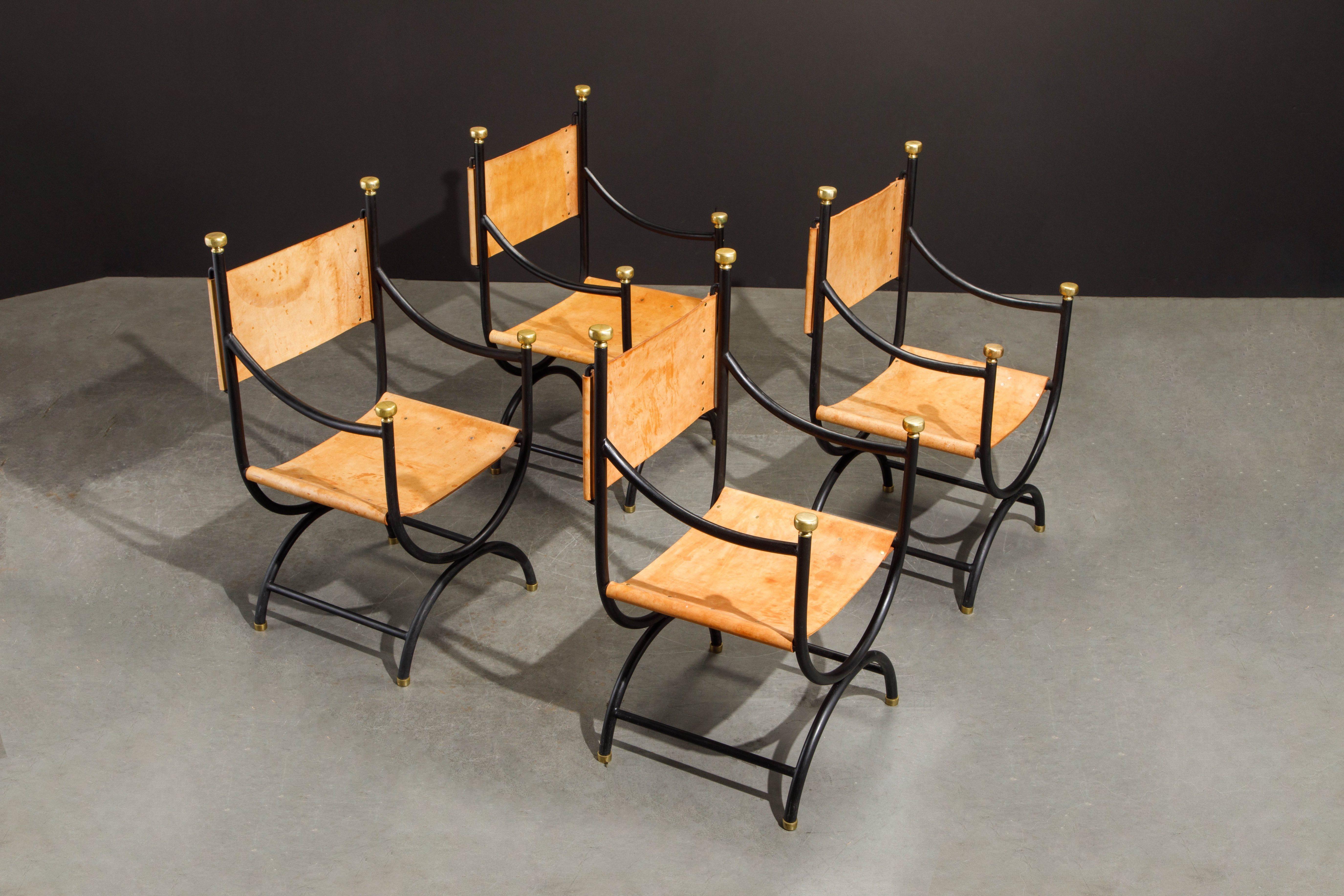 Unknown Heavy Brass, Iron and Thick Leather Savonarola Directors Chairs, Set of Four