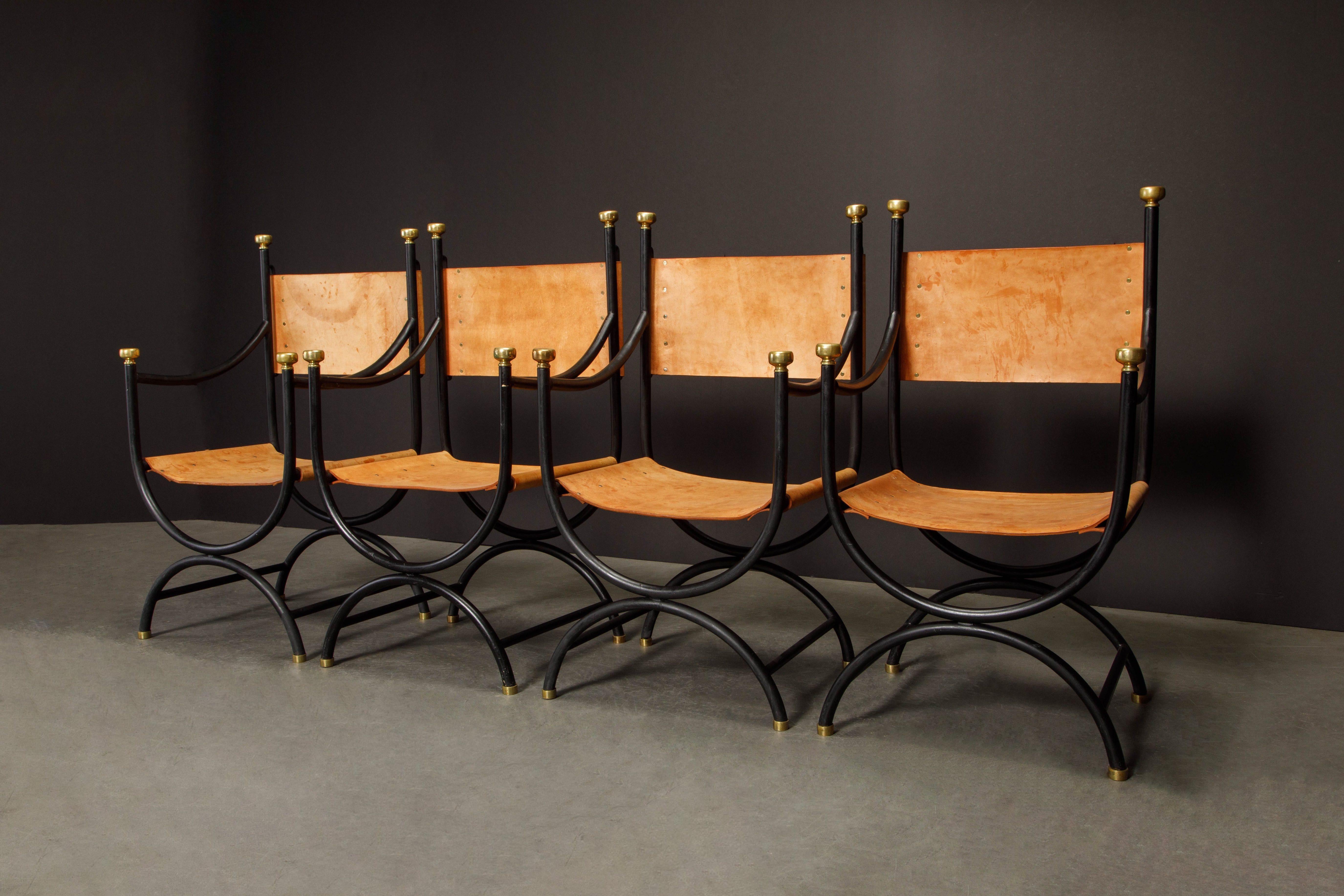 Heavy Brass, Iron and Thick Leather Savonarola Directors Chairs, Set of Four In Good Condition In Los Angeles, CA
