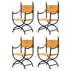 Heavy Brass, Iron and Thick Leather Savonarola Directors Chairs, Set of Four