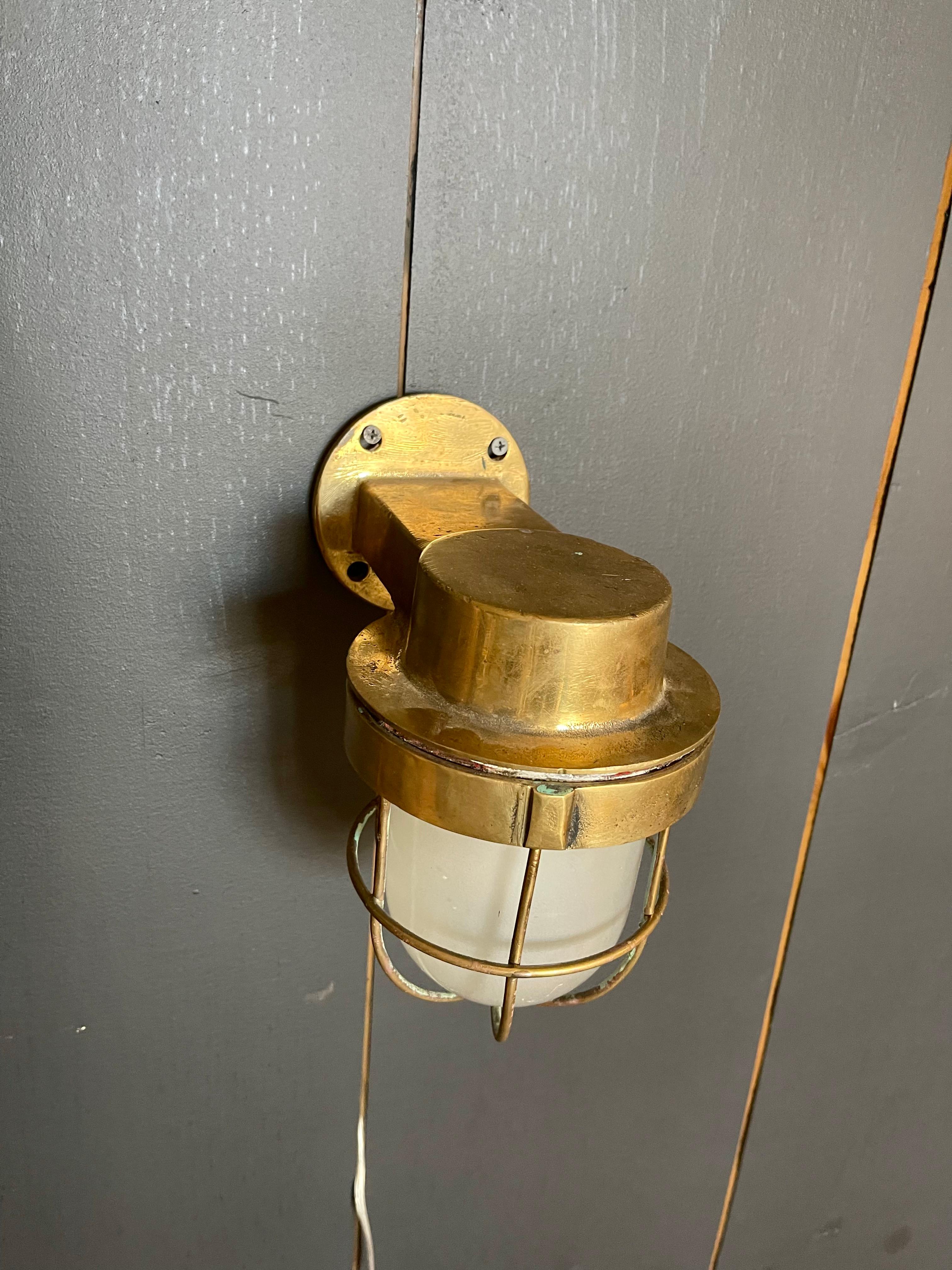 Scandinavian Modern Heavy Brass Nautical Sconce, Antique Maritime Ship Lantern For Sale