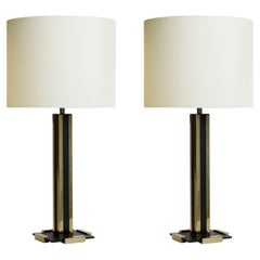 Schwere quadratische Säulenlampe aus Messing im Deko-Stil aus geschwärztem Messing mit Golddetails
