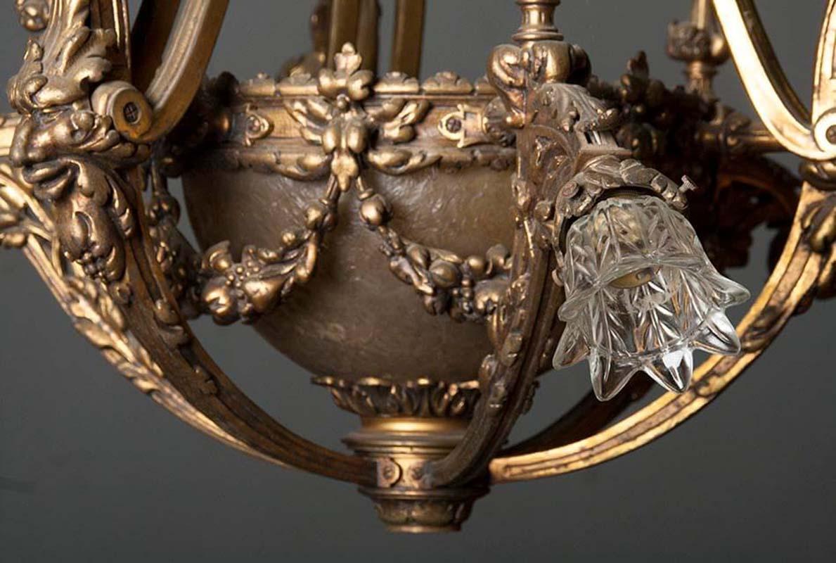 Heavy Bronze Chandelier with Glass Bowl, France, Early 20th Century 5