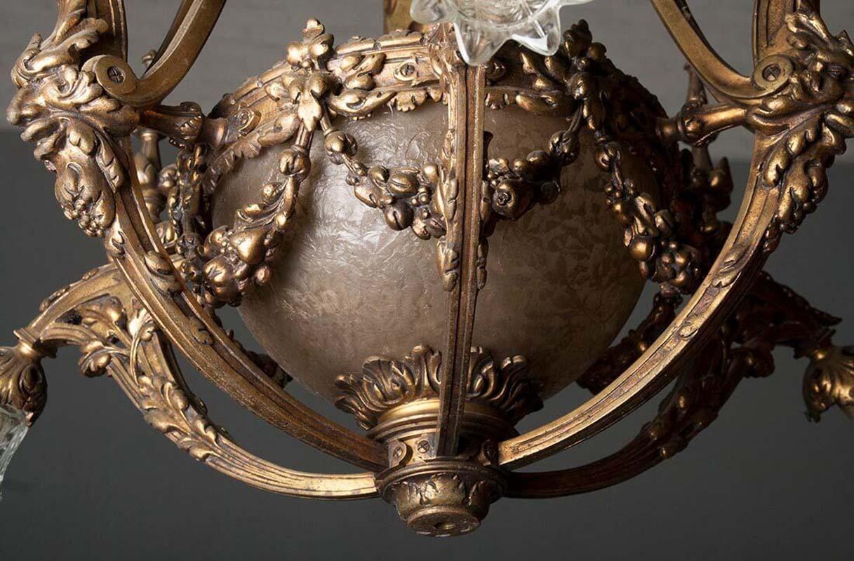 Heavy Bronze Chandelier with Glass Bowl, France, Early 20th Century 8