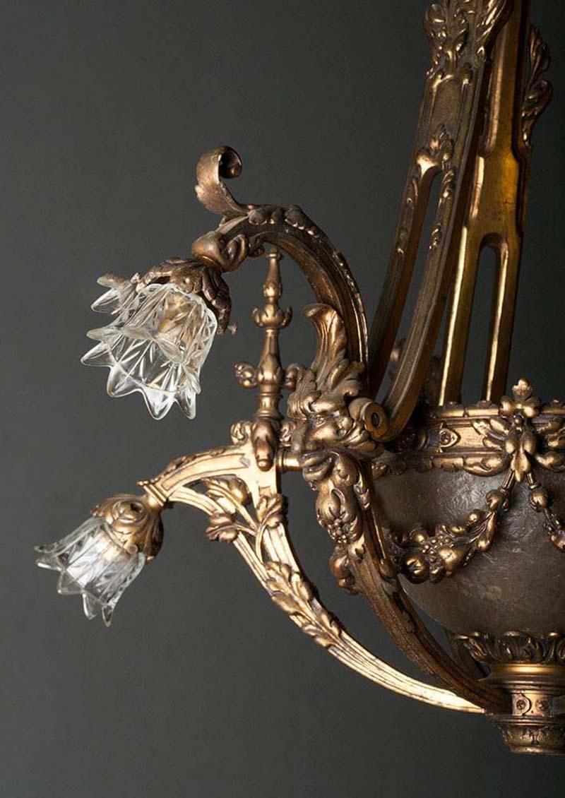 Heavy Bronze Chandelier with Glass Bowl, France, Early 20th Century 9