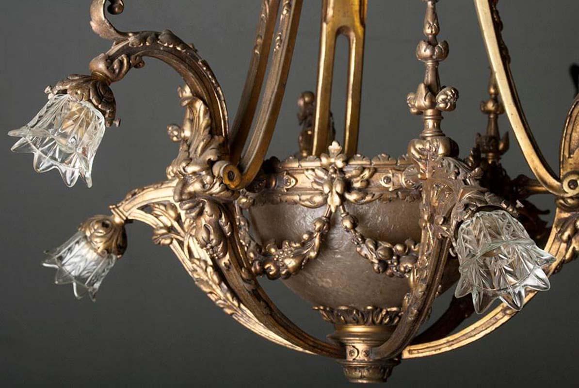 Louis XV Heavy Bronze Chandelier with Glass Bowl, France, Early 20th Century