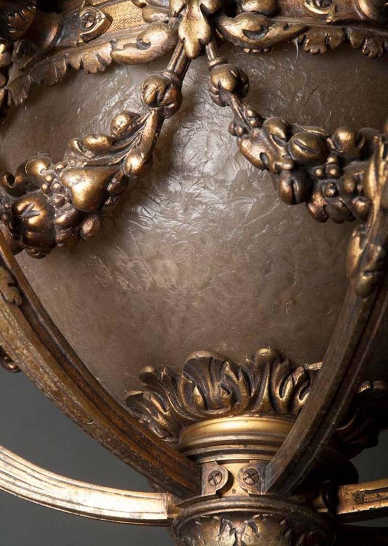 French Heavy Bronze Chandelier with Glass Bowl, France, Early 20th Century