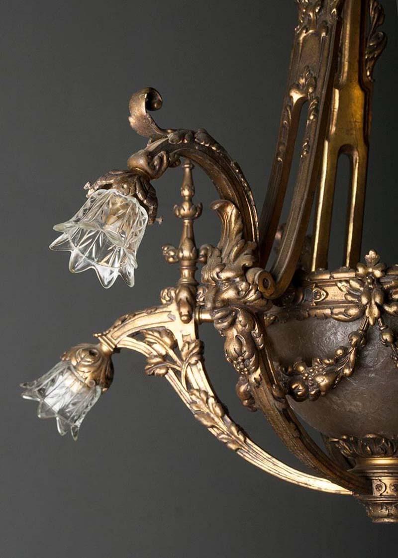 Heavy Bronze Chandelier with Glass Bowl, France, Early 20th Century In Good Condition In Casteren, Noord-Brabant
