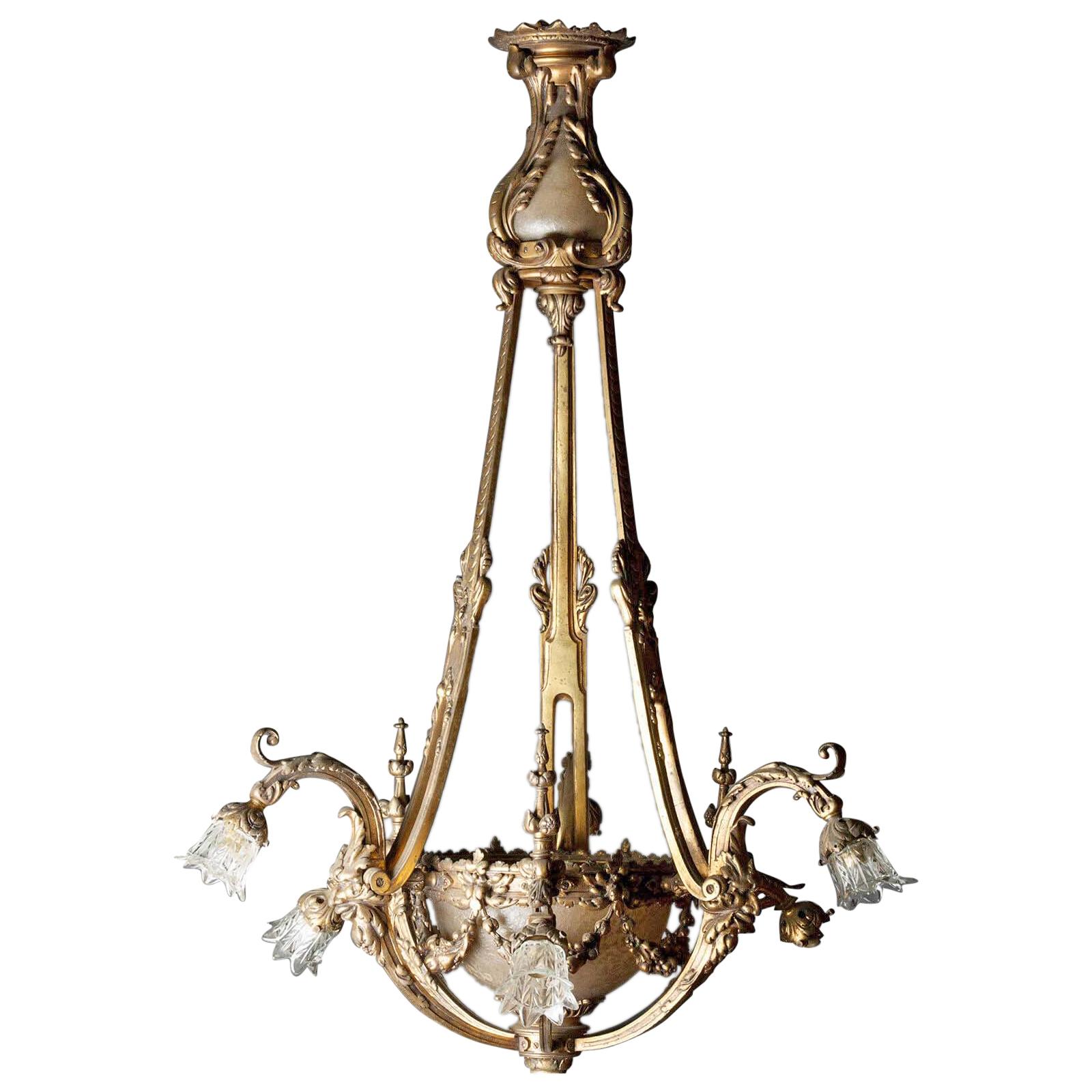 Heavy Bronze Chandelier with Glass Bowl, France, Early 20th Century