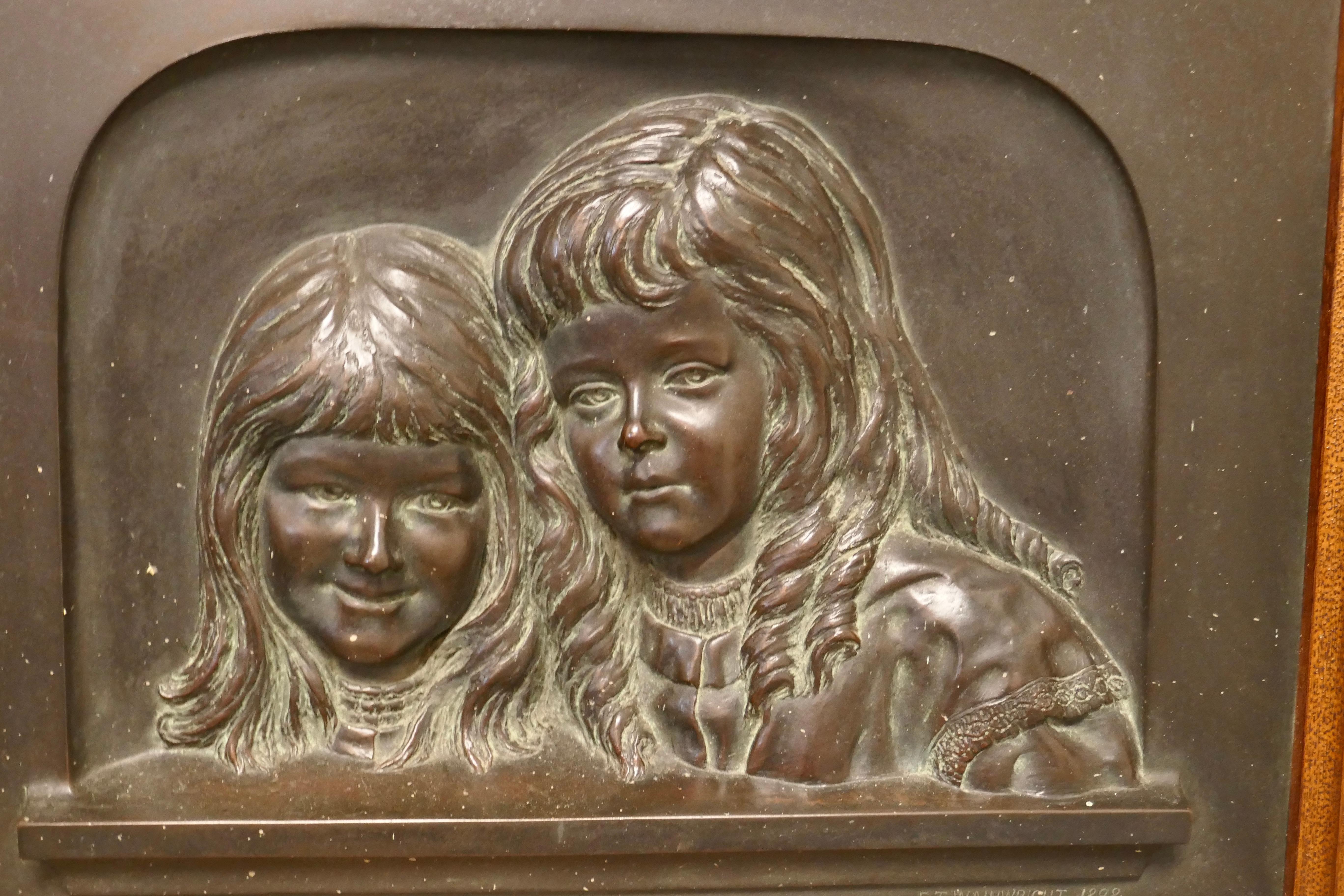 Art Nouveau Heavy Bronze Relief Wall Plaque, “Sisters” by E T Wainwright 1898 For Sale