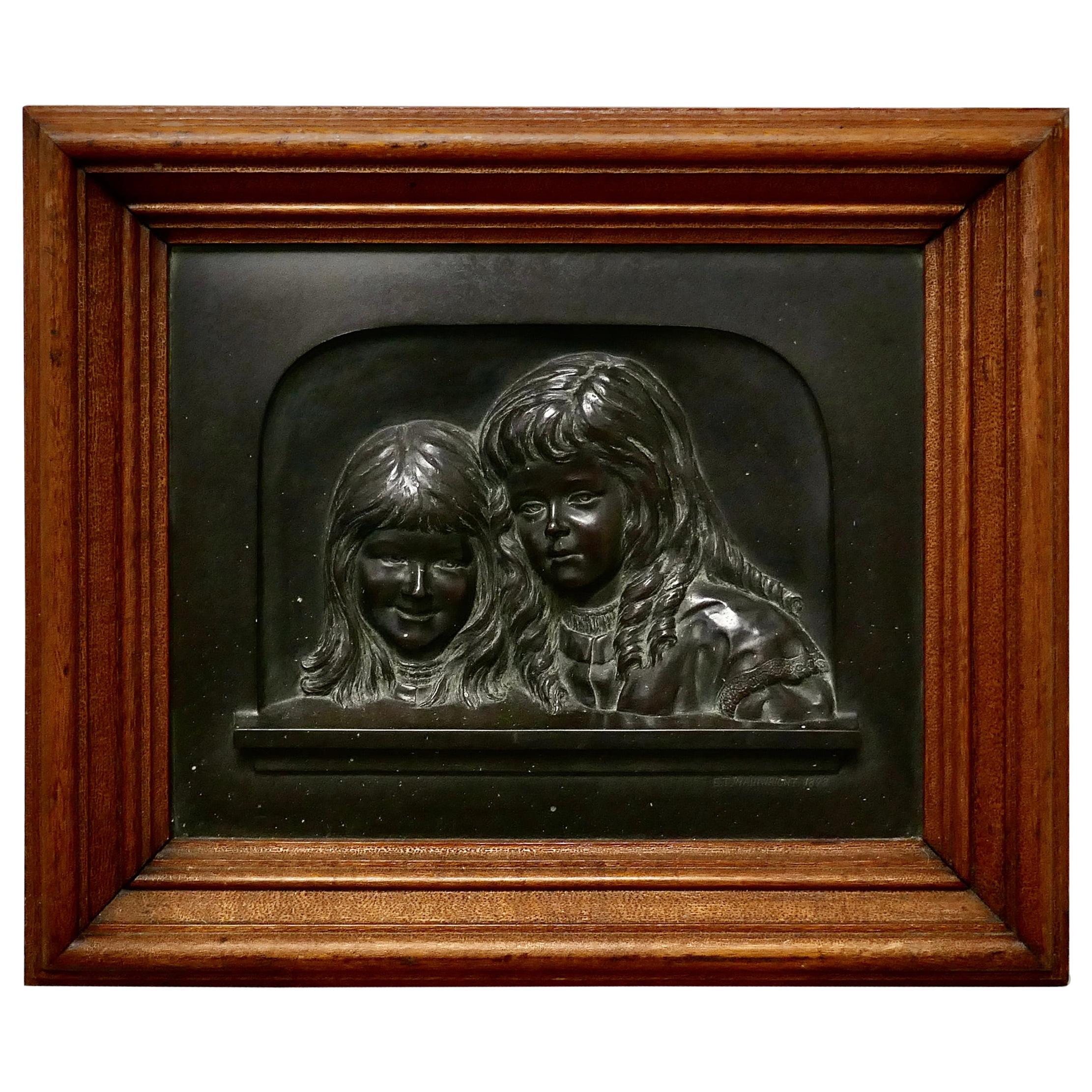 Heavy Bronze Relief Wall Plaque, “Sisters” by E T Wainwright 1898 For Sale
