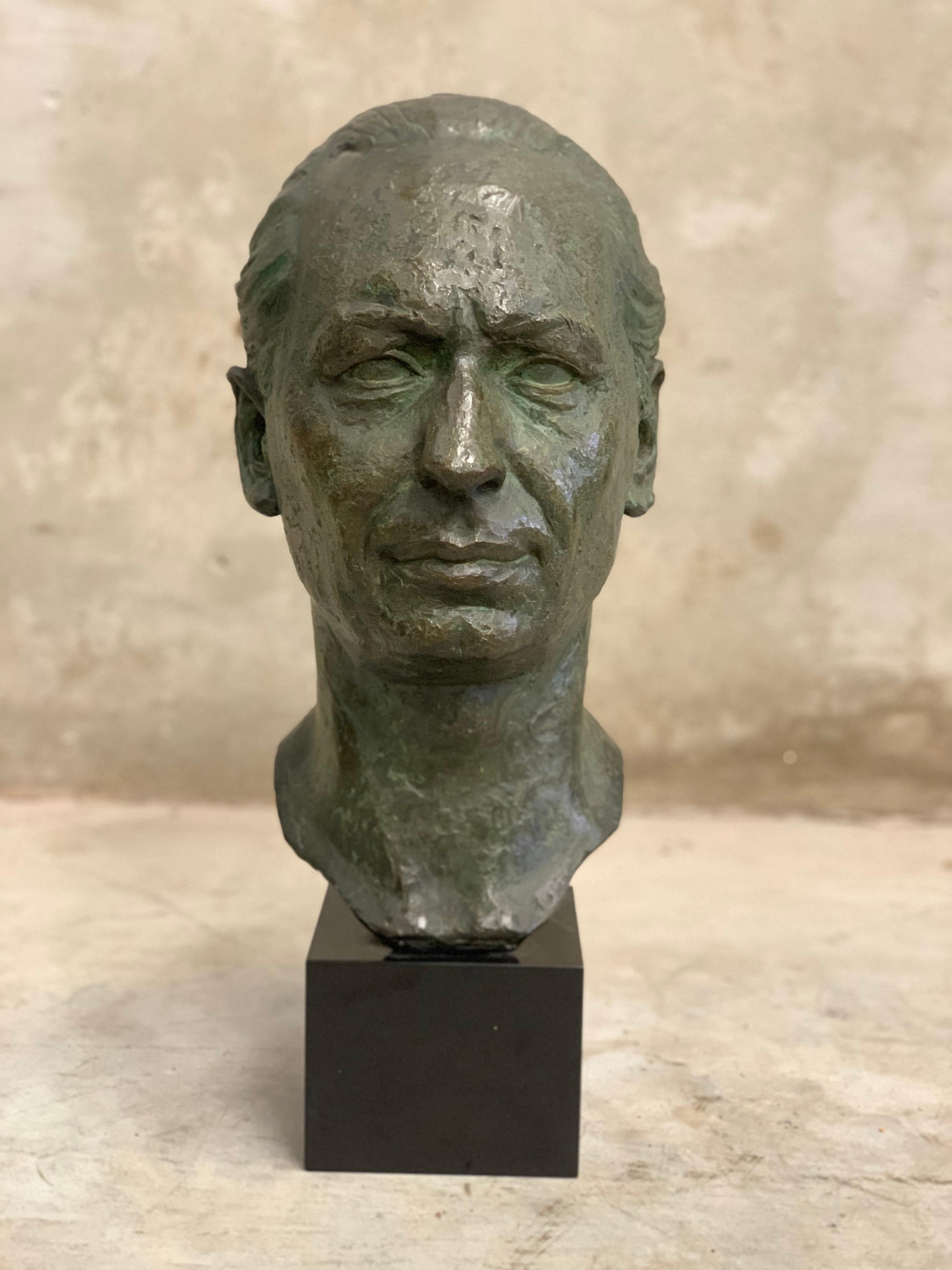 Heavy bronze statue, a beautiful piece of art on a black marble base. One-of-a-kind. Bought in Germany and was probably made for a Company Director or some other VIP. Extraordinary details.

The head is life size of a human head. Signed H.V.