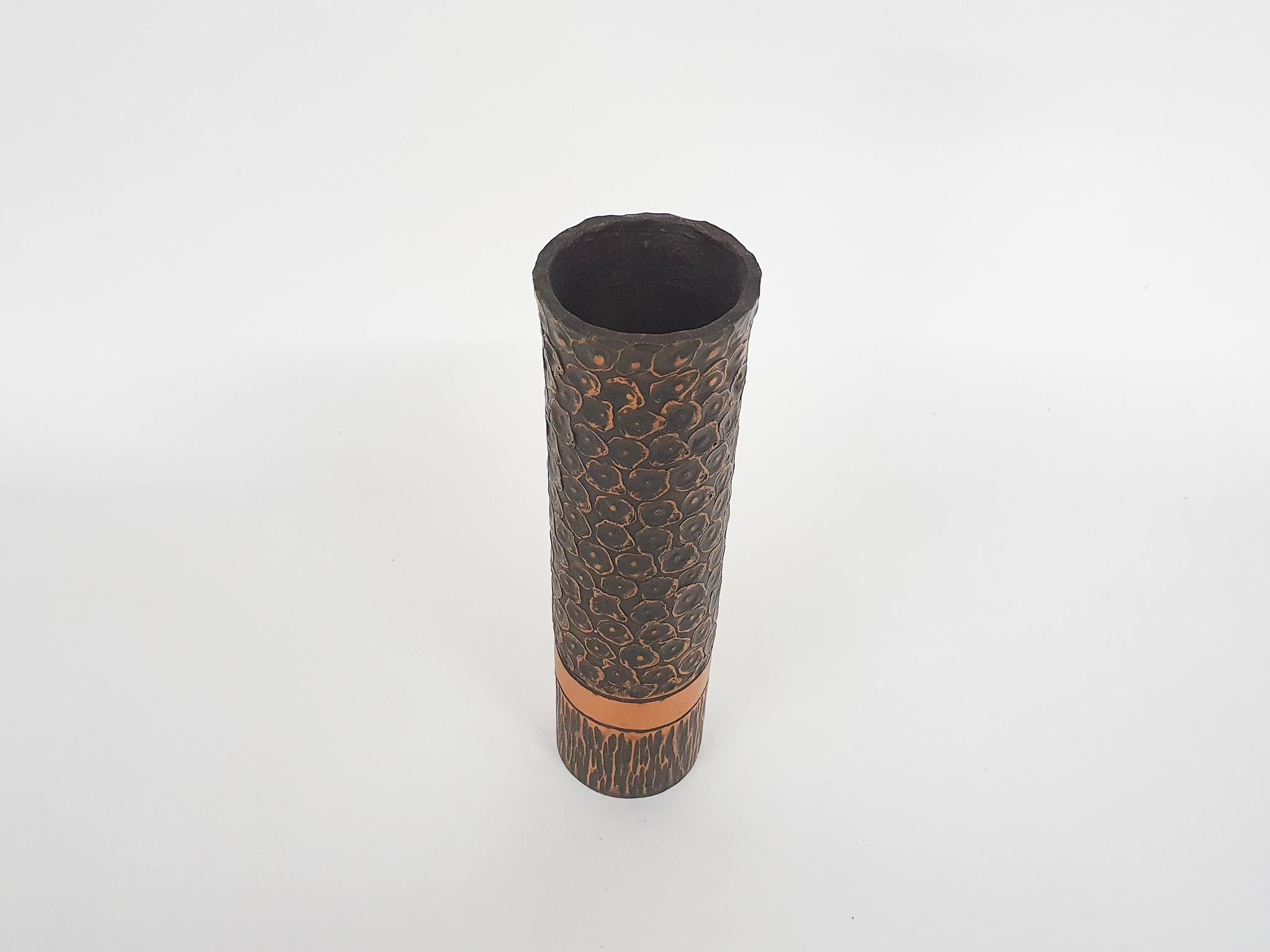 Mid-Century Modern Heavy Bronze Vase with Copper Details For Sale