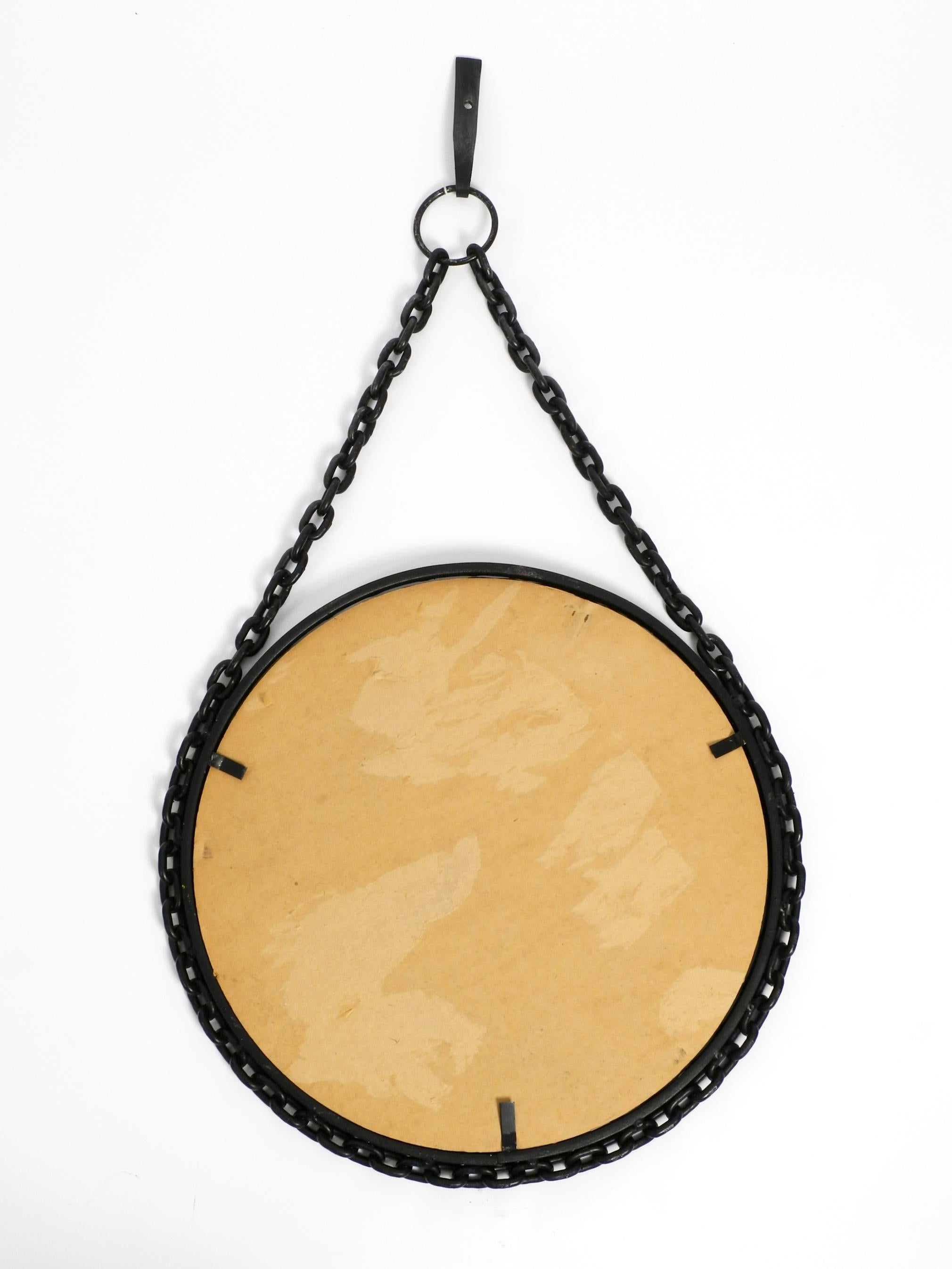 Heavy Brutalist Mid Century Design Wall Mirror with Wrought Iron Frame and Chain For Sale 5