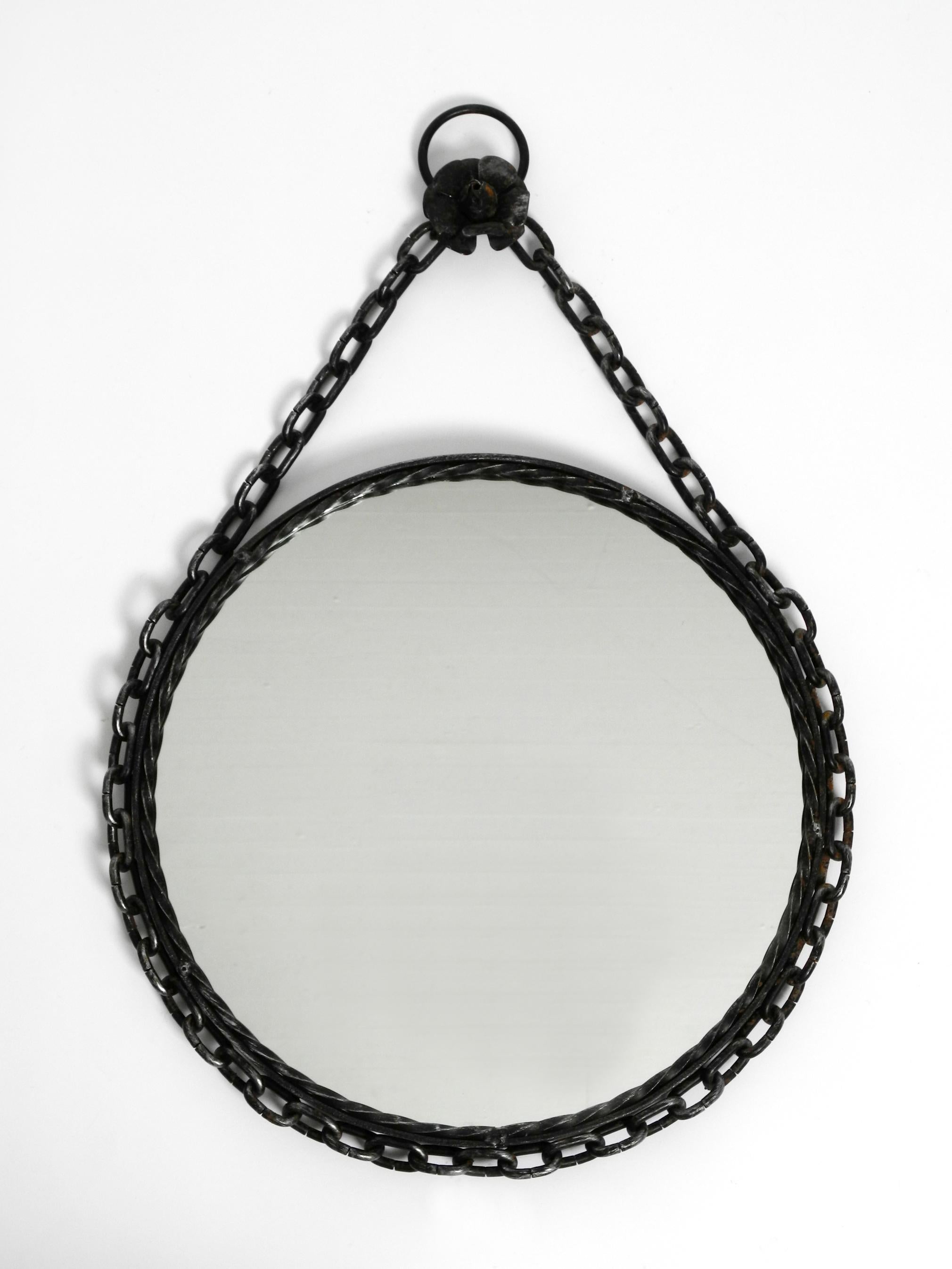 Mid-Century Modern Heavy Brutalist Mid-Century Design Wall Mirror with Wrought Iron Frame and Chain For Sale