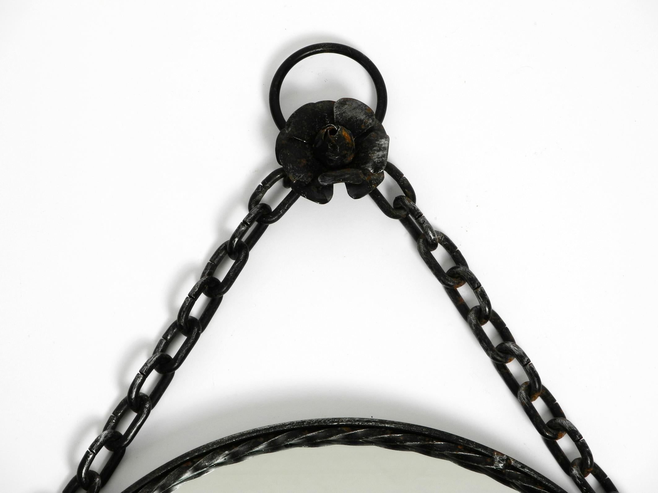 Heavy Brutalist Mid-Century Design Wall Mirror with Wrought Iron Frame and Chain For Sale 1