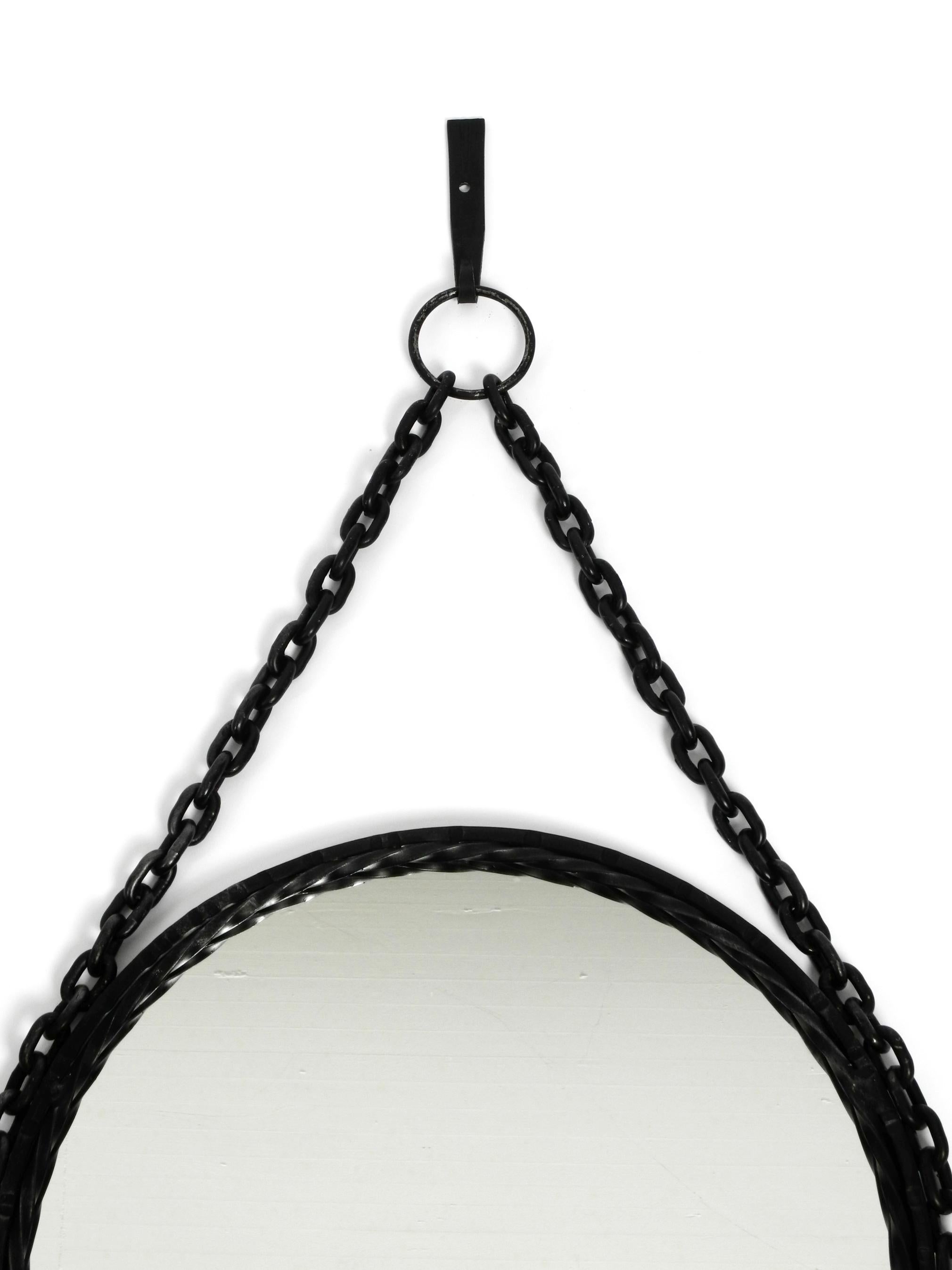 Heavy Brutalist Mid Century Design Wall Mirror with Wrought Iron Frame and Chain For Sale 2