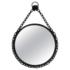 Vintage Heavy Brutalist Mid-Century Design Wall Mirror with Wrought Iron Frame and Chain