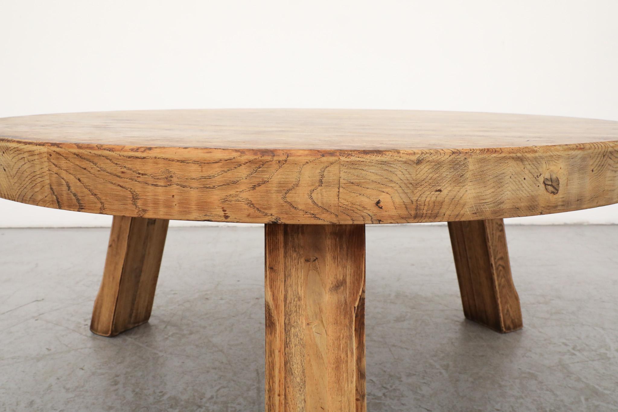 Heavy Brutalist Pierre Chapo inspired Round Oak Coffee Table 4