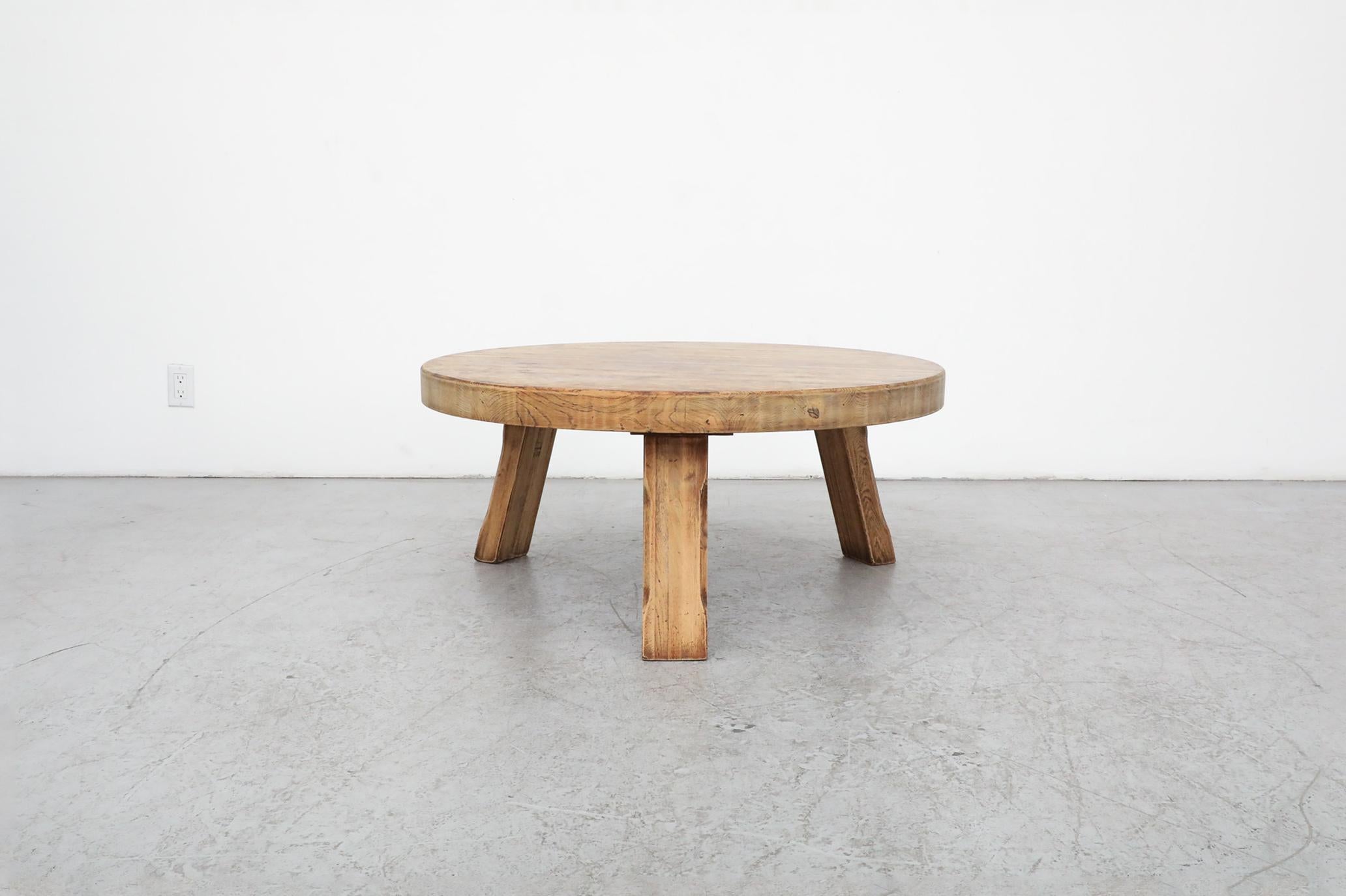 Mid-Century Modern Heavy Brutalist Pierre Chapo inspired Round Oak Coffee Table