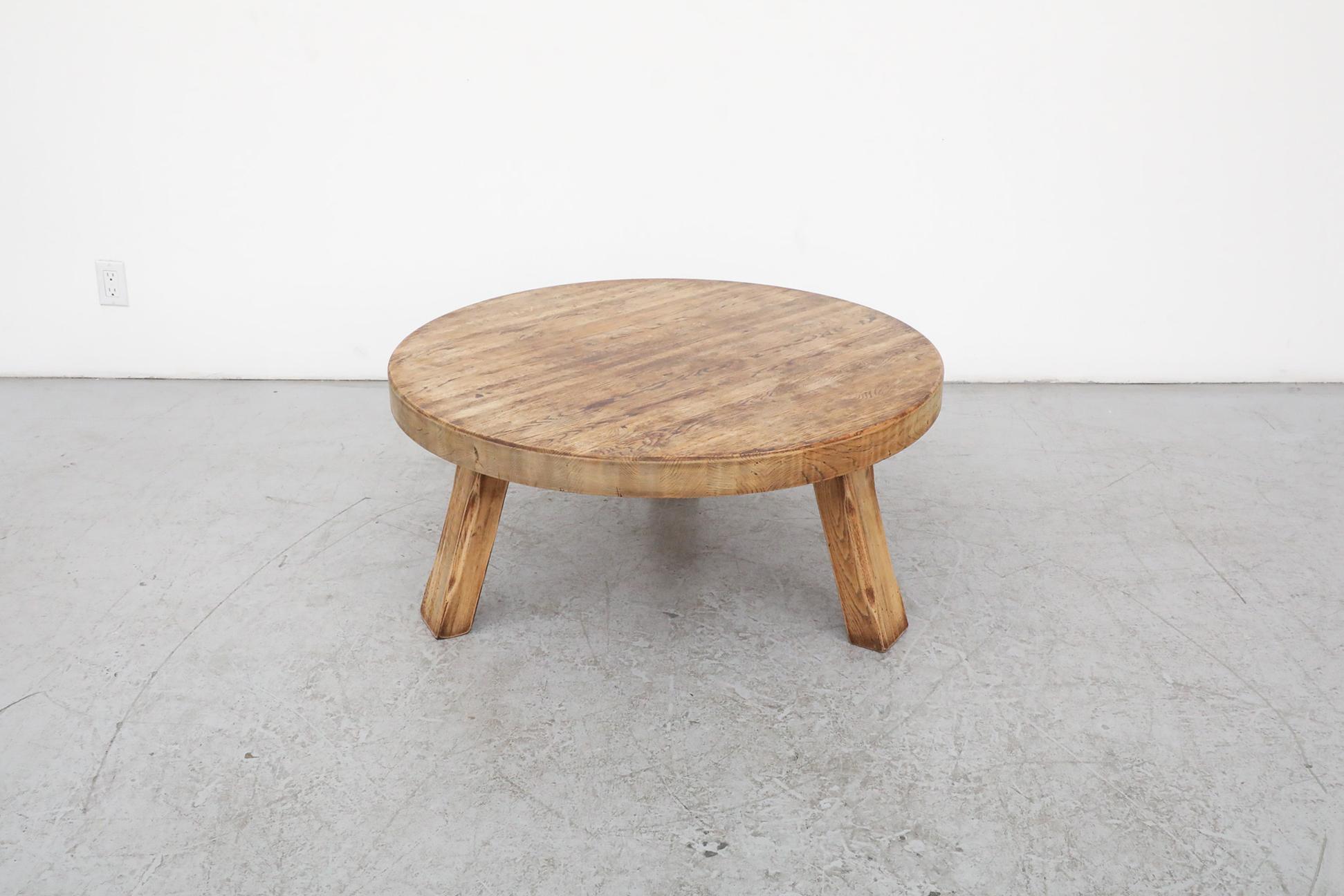 Heavy Brutalist Pierre Chapo inspired Round Oak Coffee Table In Good Condition In Los Angeles, CA