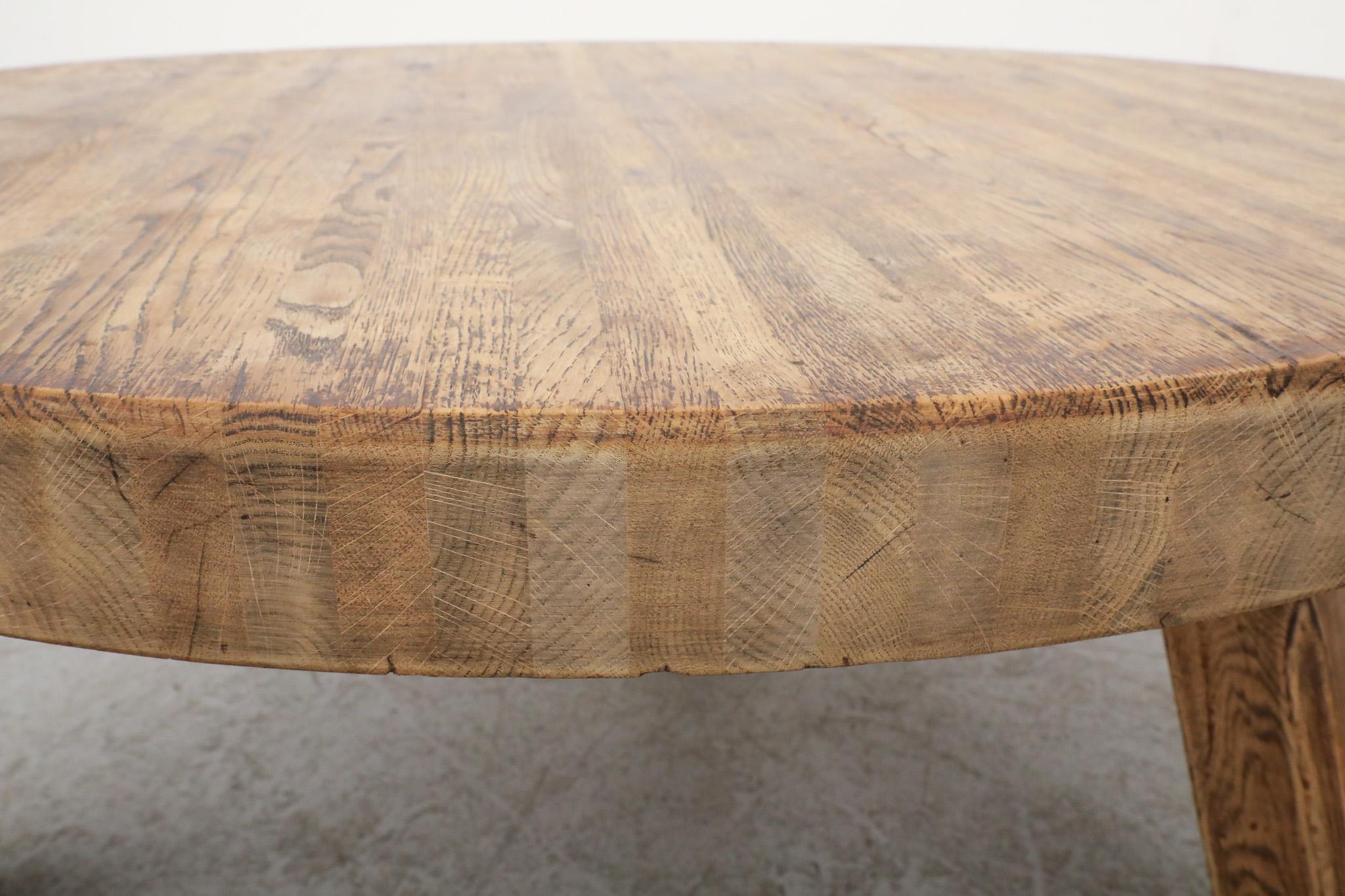Heavy Brutalist Pierre Chapo inspired Round Oak Coffee Table 2