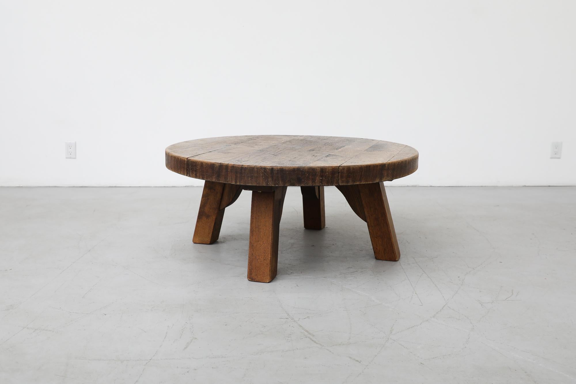Mid-Century Modern Heavy Brutalist Round Solid Oak Coffee or Side Table