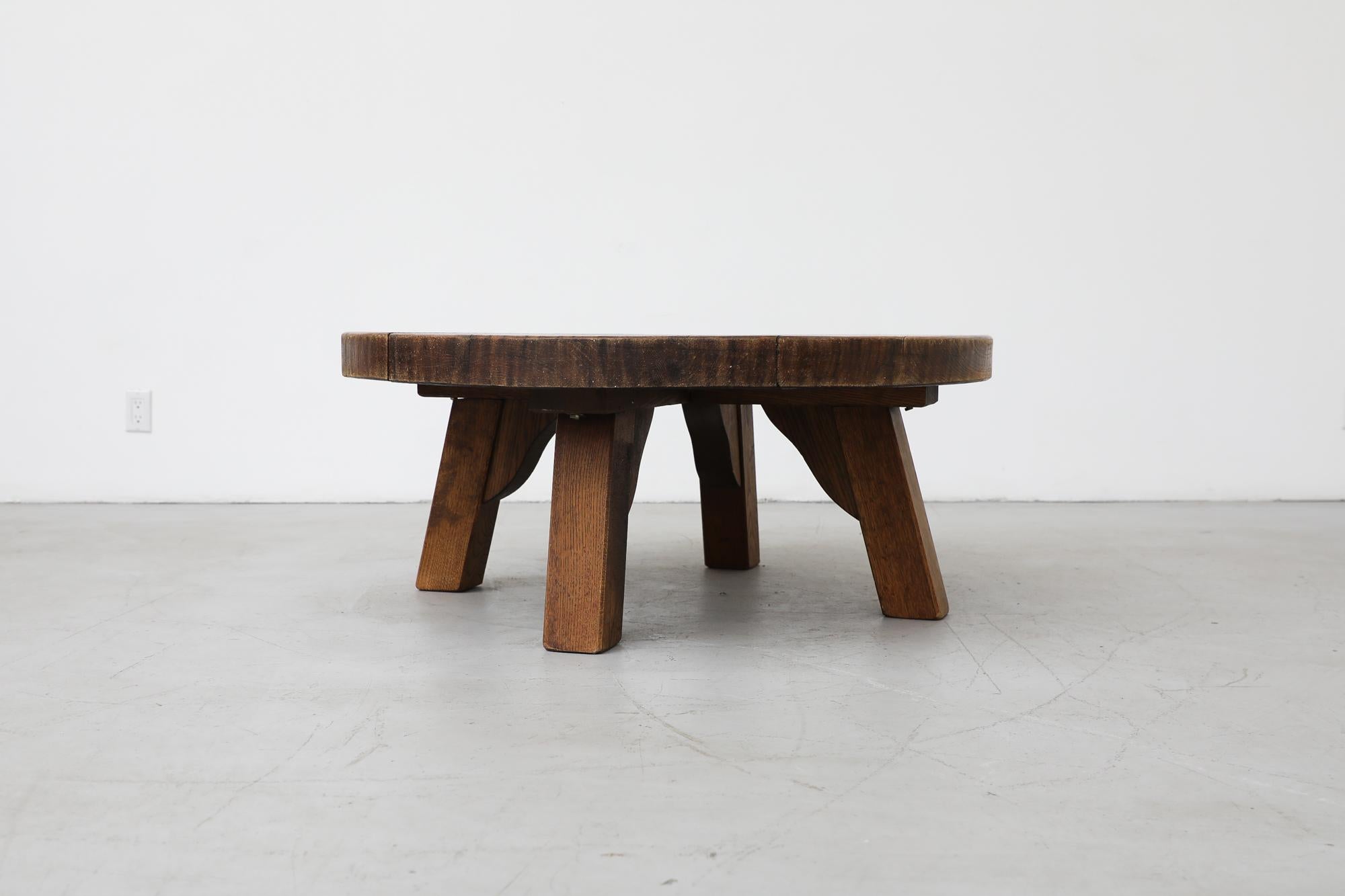 Heavy Brutalist Round Solid Oak Coffee or Side Table In Good Condition In Los Angeles, CA