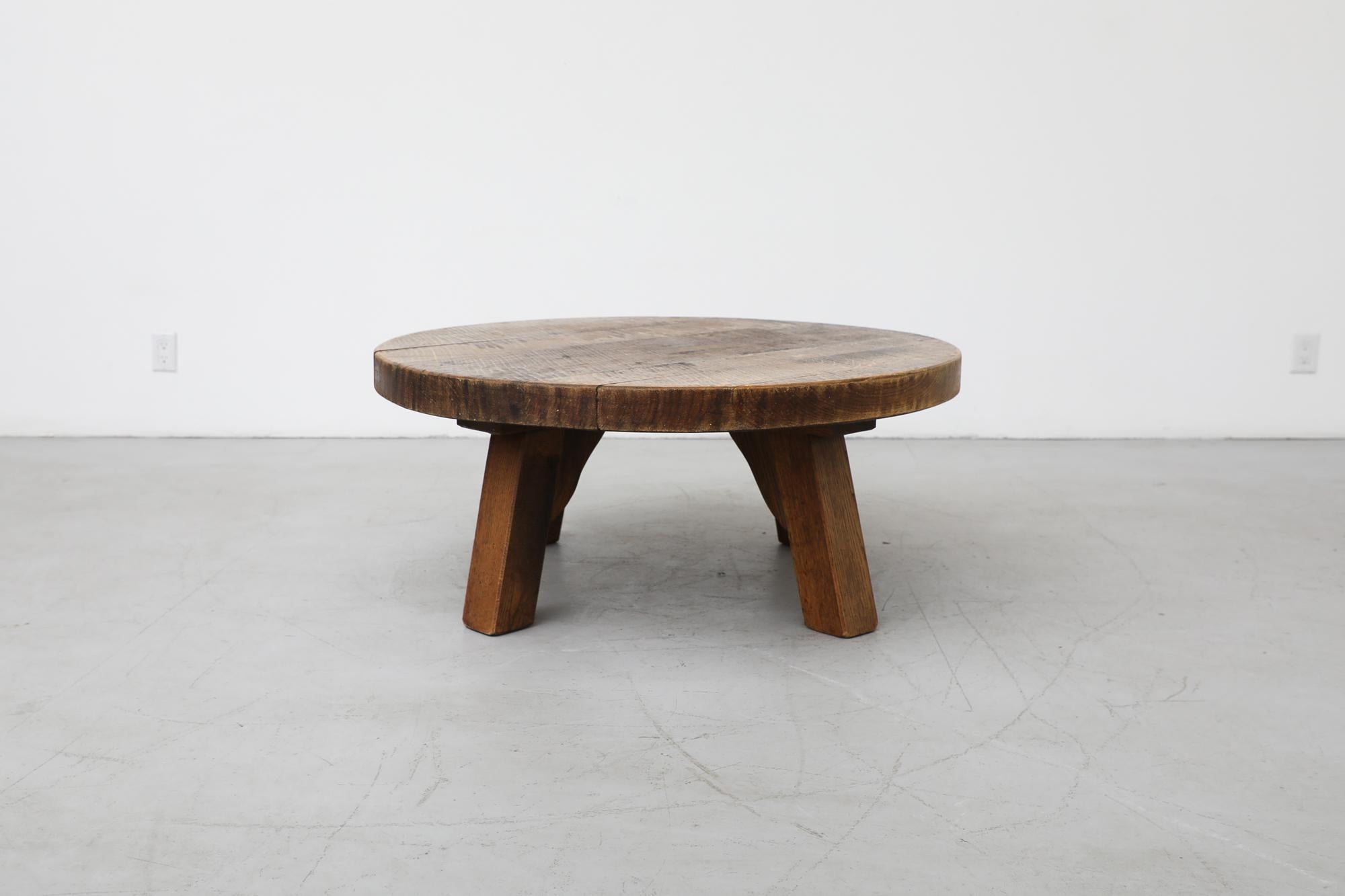 Mid-20th Century Heavy Brutalist Round Solid Oak Coffee or Side Table