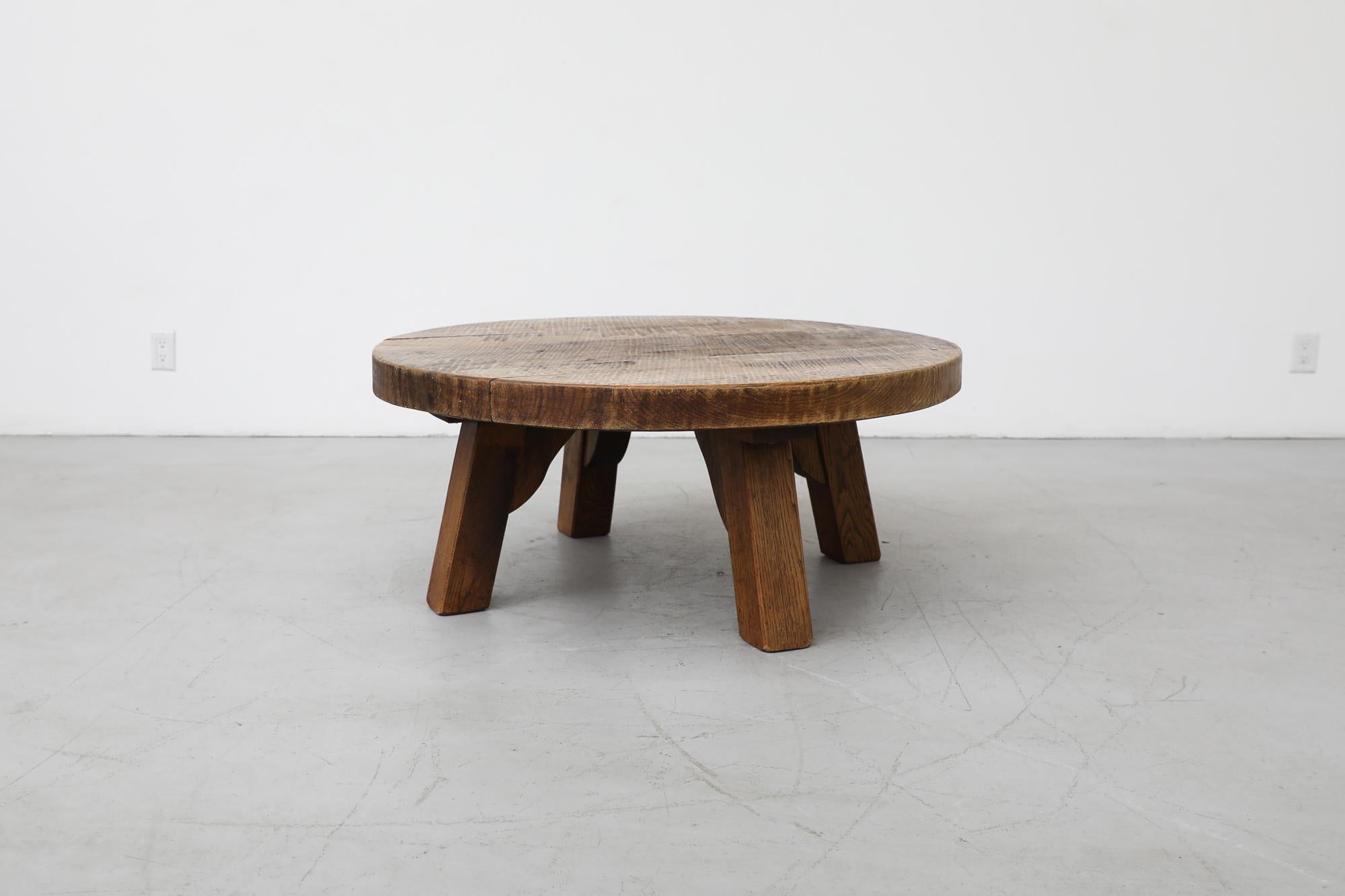 Heavy Brutalist Round Solid Oak Coffee or Side Table 1