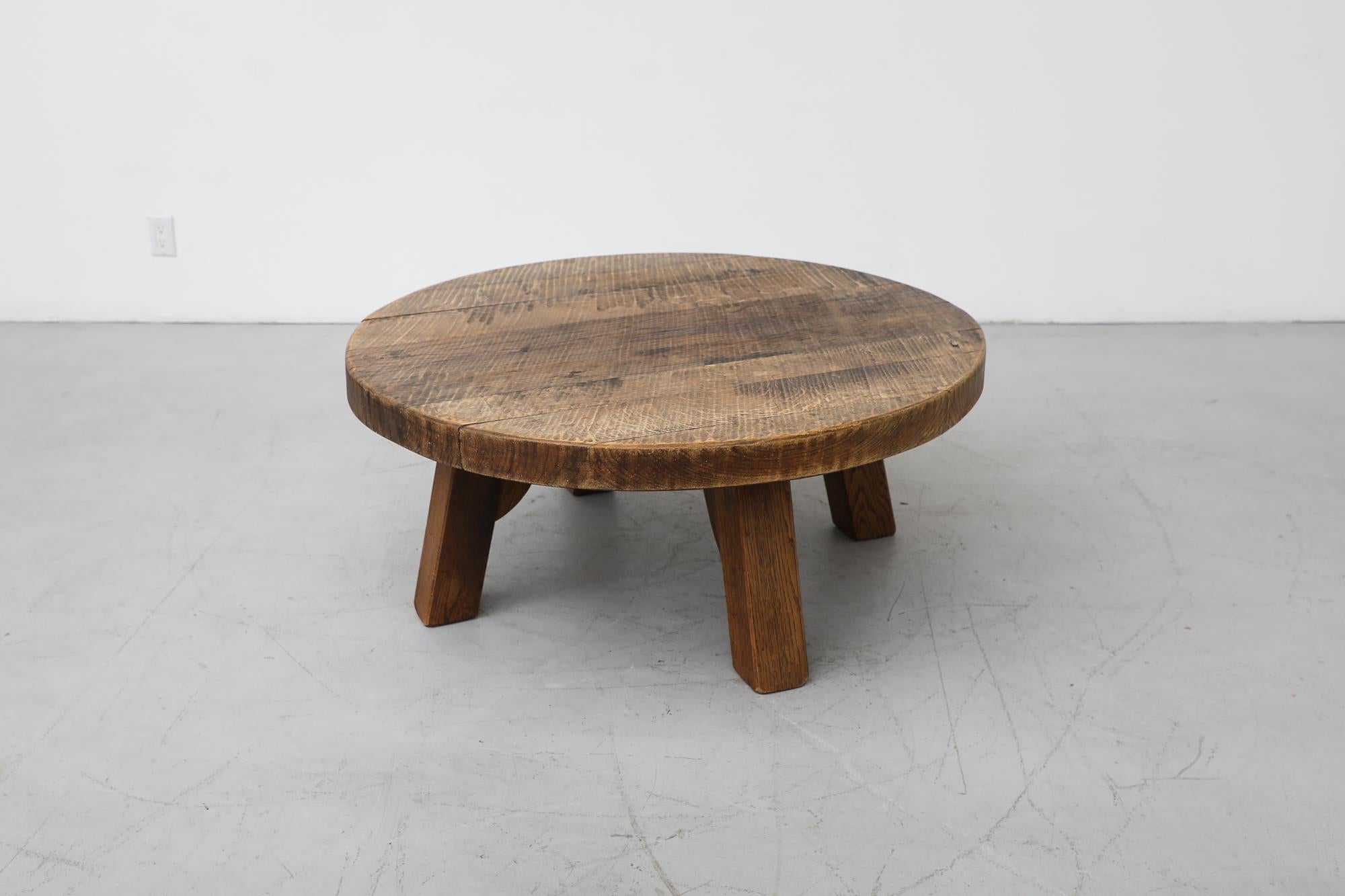 Heavy Brutalist Round Solid Oak Coffee or Side Table 2