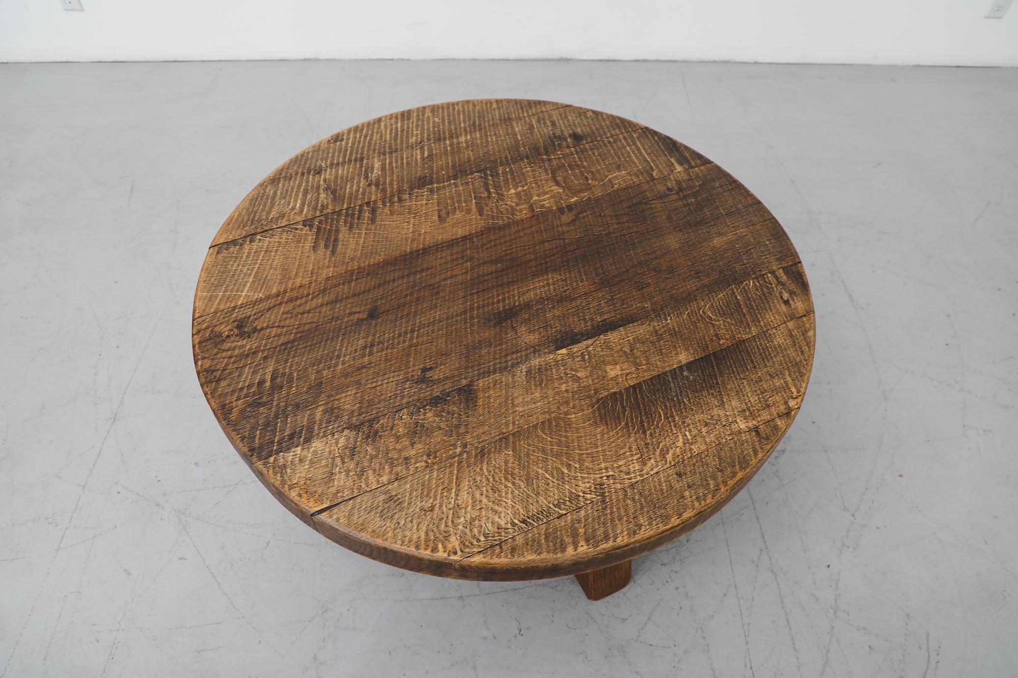 Heavy Brutalist Round Solid Oak Coffee or Side Table 3