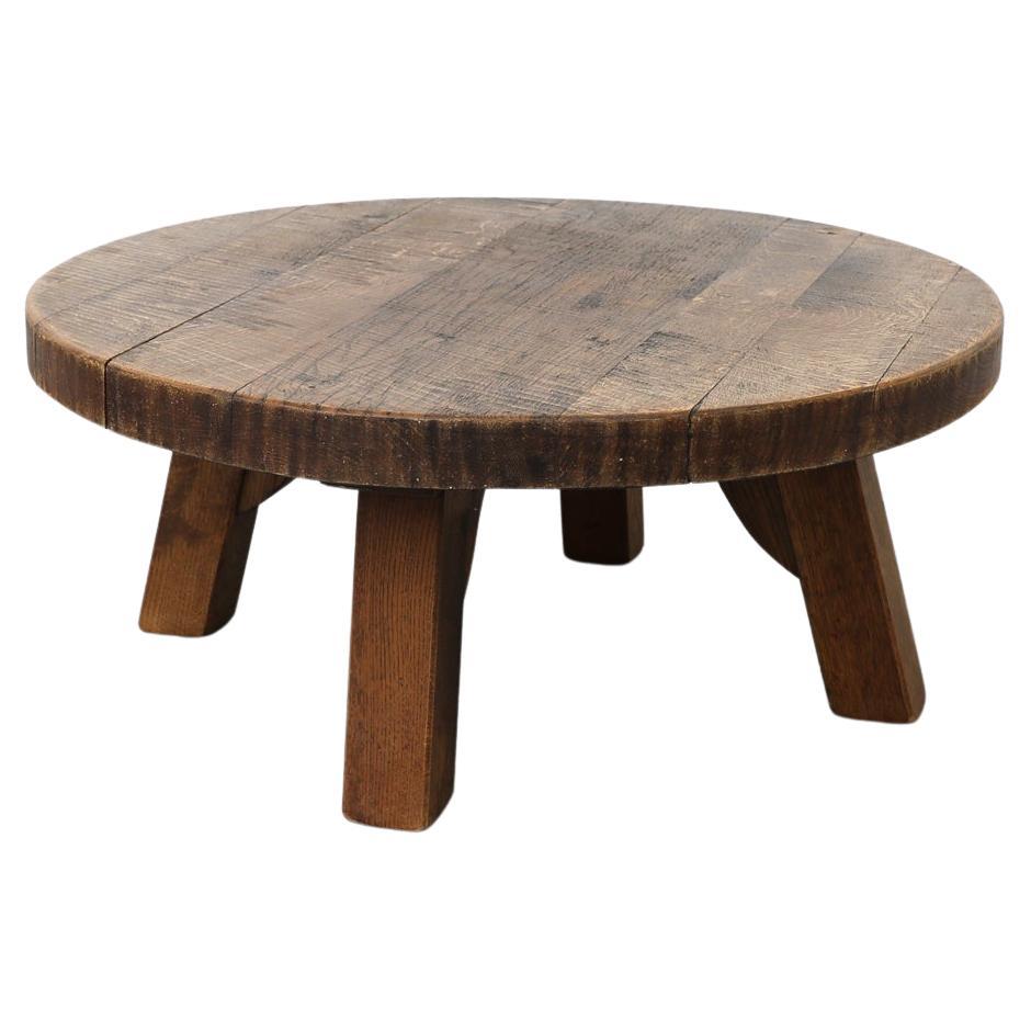 Heavy Brutalist Round Solid Oak Coffee or Side Table