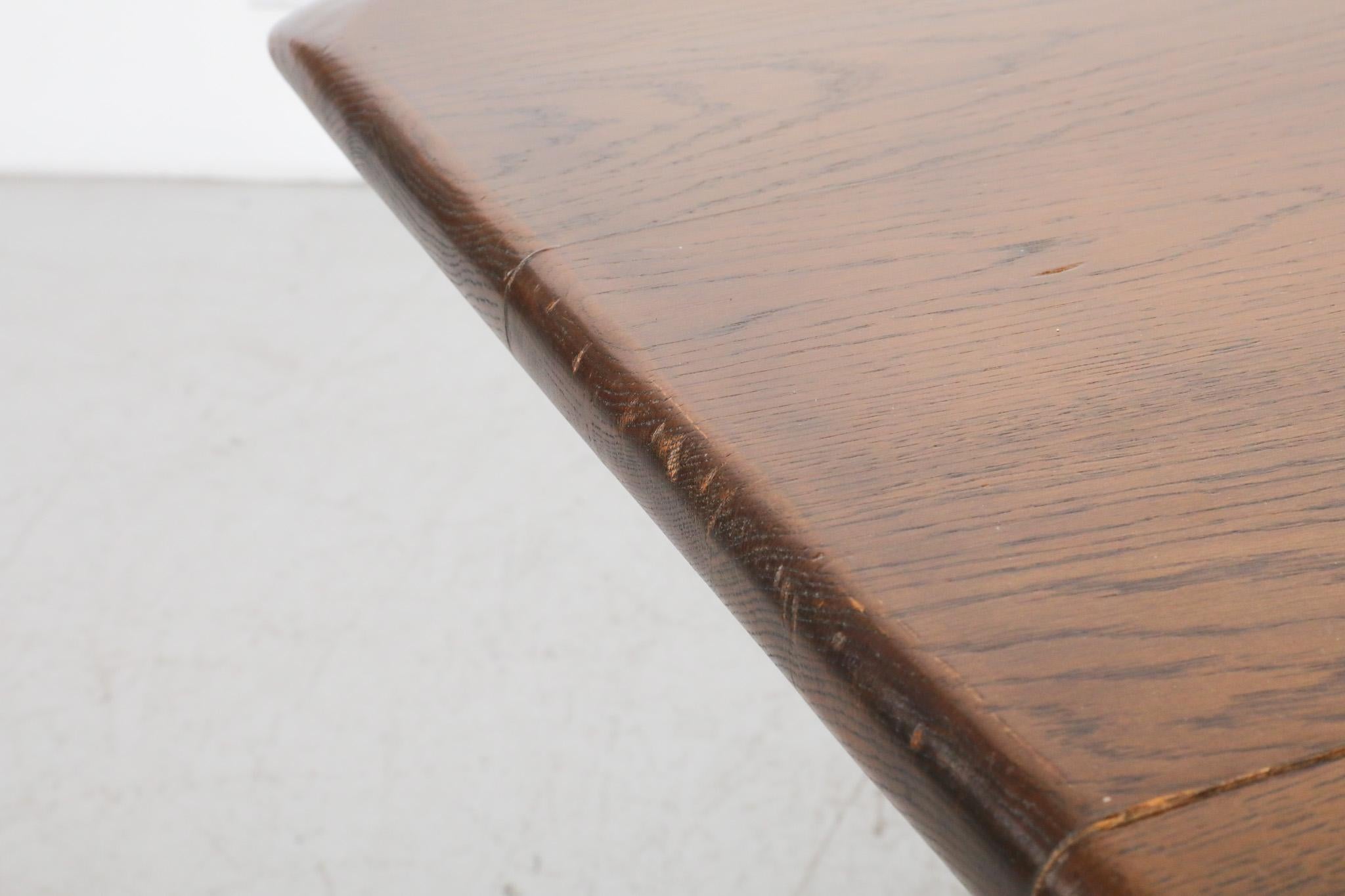 Heavy Brutalist Solid Dark Oak Trestle Table with Ornate Base For Sale 7