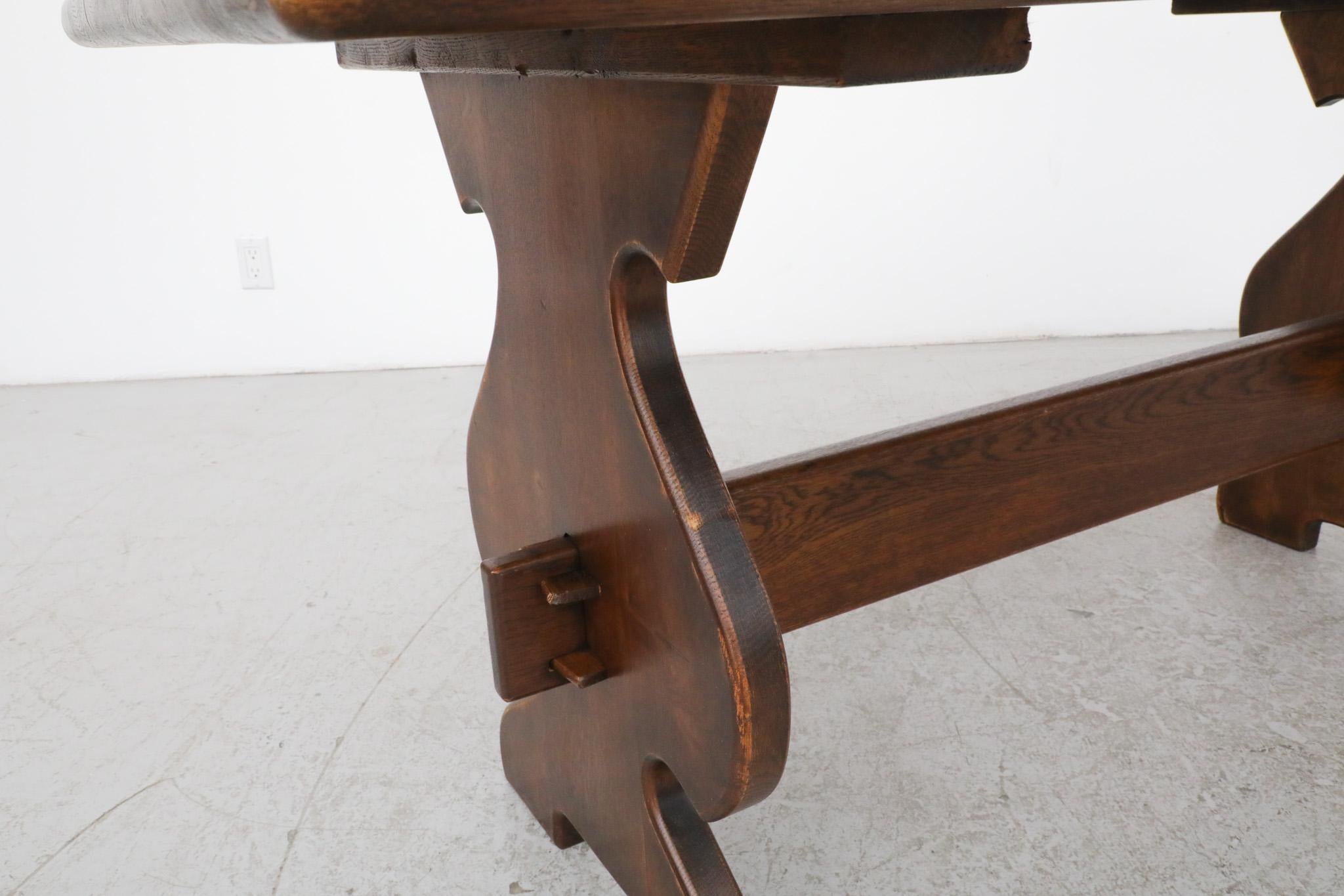 Heavy Brutalist Solid Dark Oak Trestle Table with Ornate Base For Sale 10