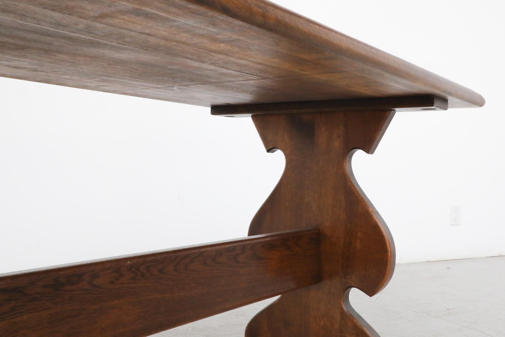 Heavy Brutalist Solid Dark Oak Trestle Table with Ornate Base For Sale 12