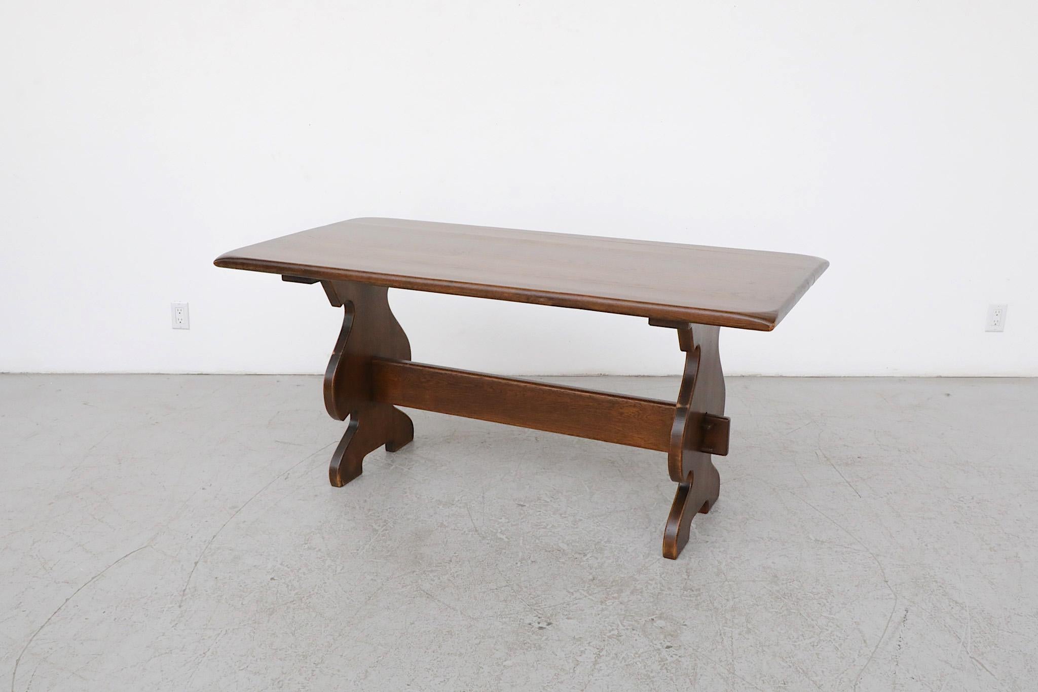 Heavy Brutalist Solid Dark Oak Trestle Table with Ornate Base For Sale 14