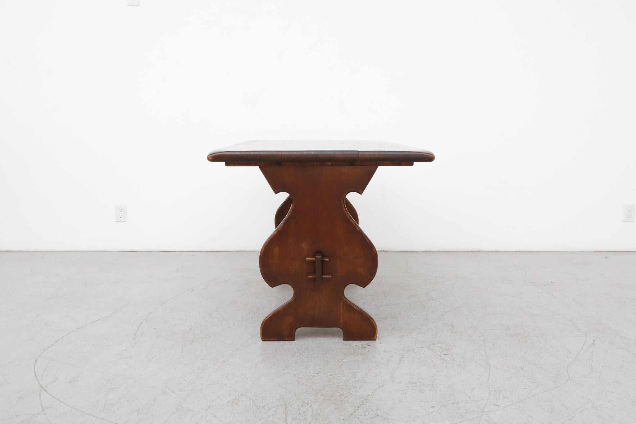 Mid-20th Century Heavy Brutalist Solid Dark Oak Trestle Table with Ornate Base For Sale