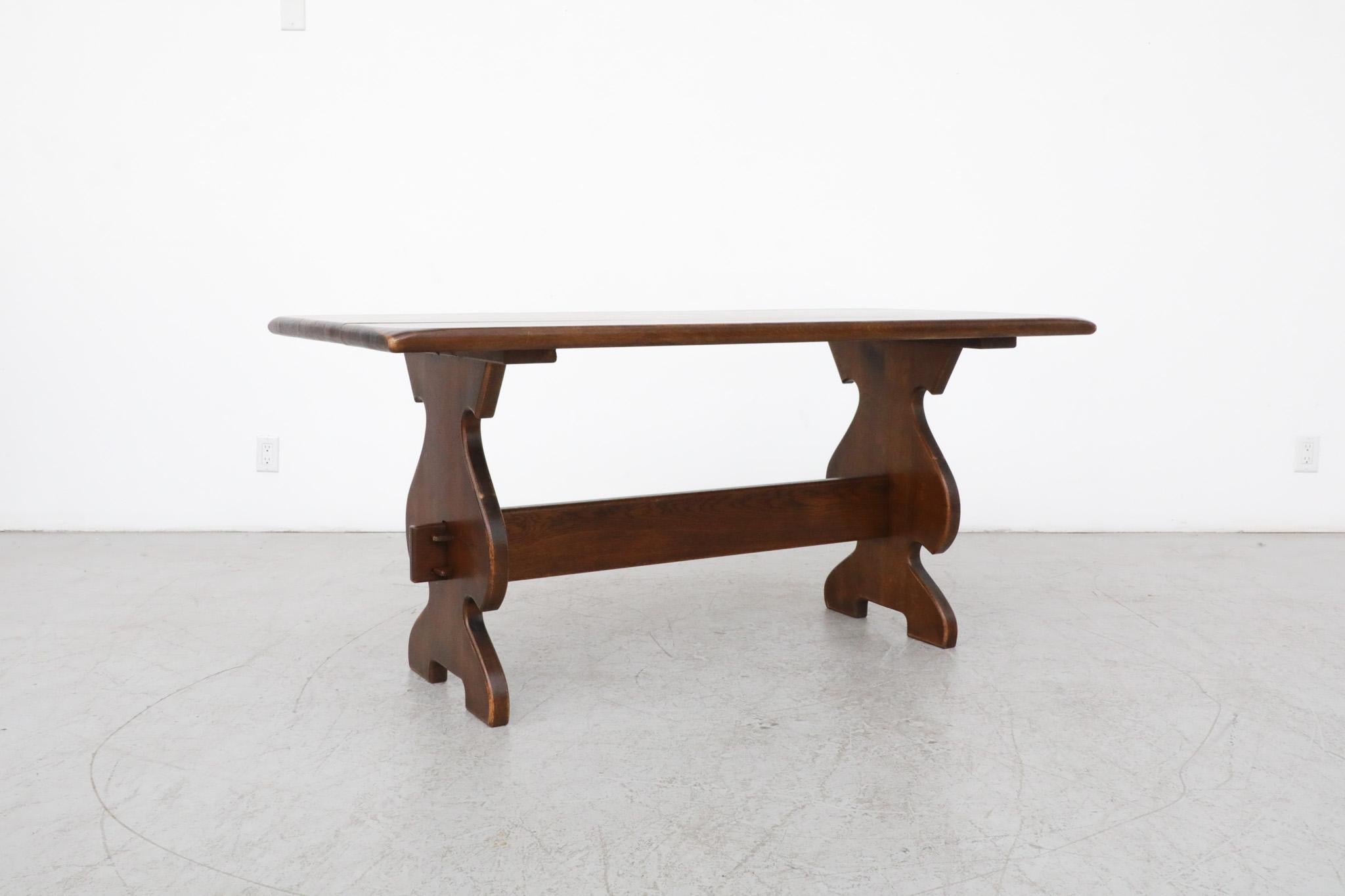 Heavy Brutalist Solid Dark Oak Trestle Table with Ornate Base For Sale 1