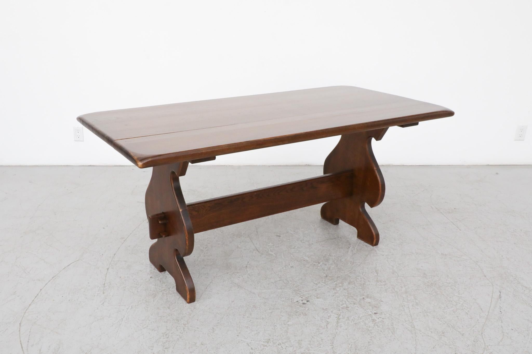 Heavy Brutalist Solid Dark Oak Trestle Table with Ornate Base For Sale 2