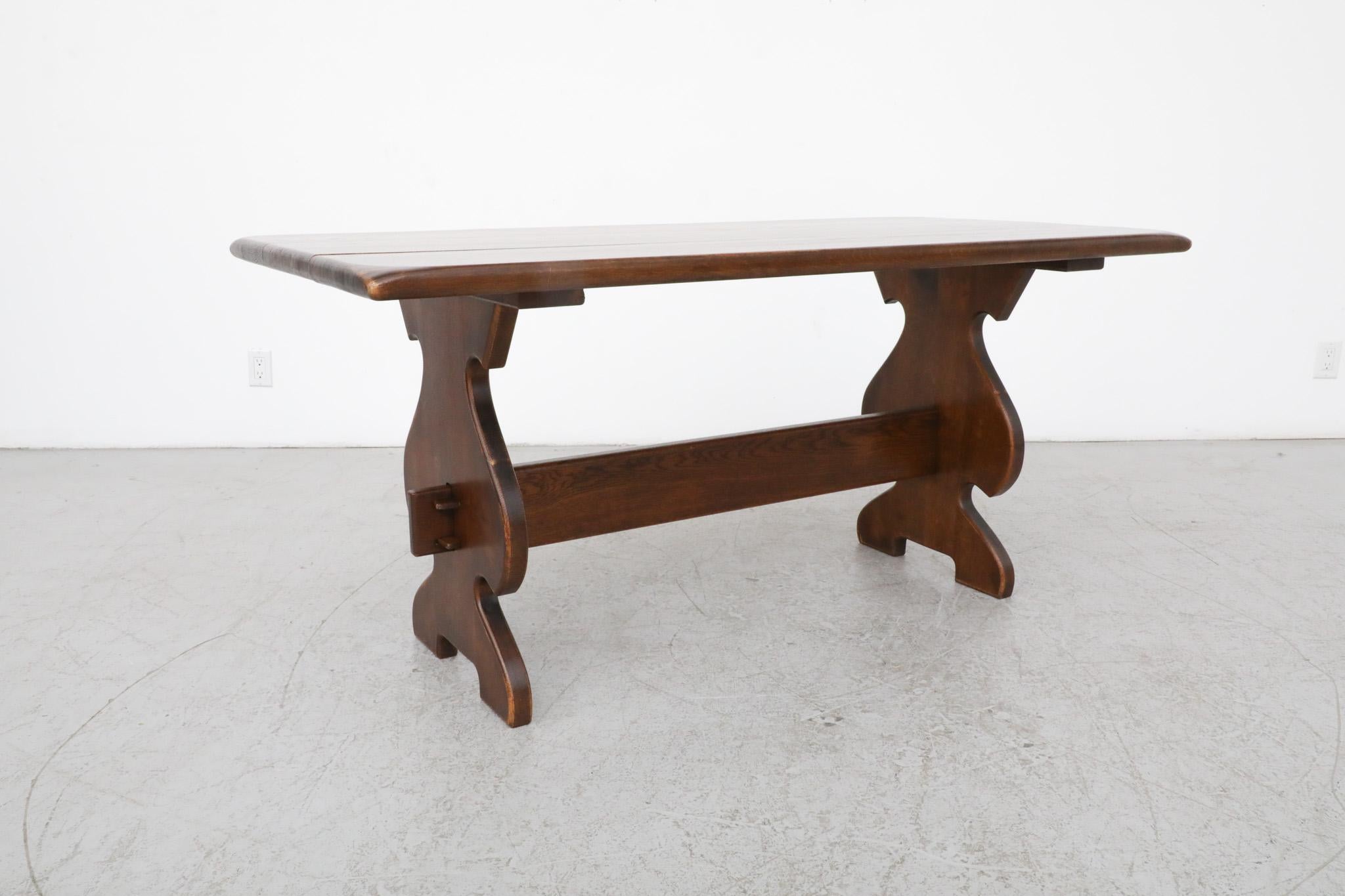 Heavy Brutalist Solid Dark Oak Trestle Table with Ornate Base For Sale 3