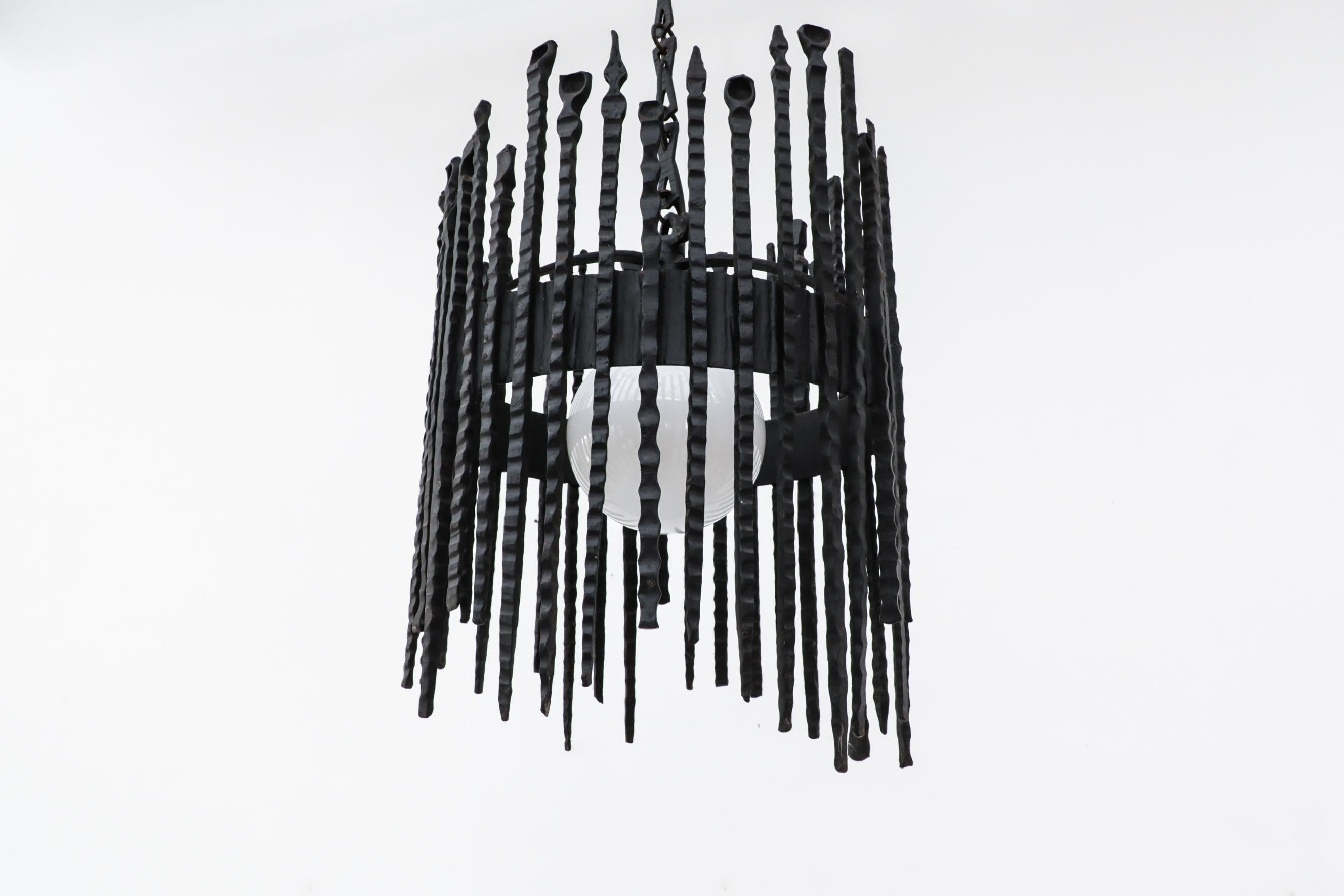 Milk Glass Heavy Brutalist Wrought Iron Chandelier