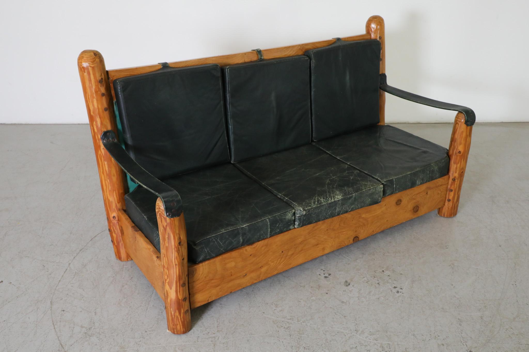 Heavy Carved Pine and Green Leather Loveseat with Sling Arms & High Slatted Back For Sale 7
