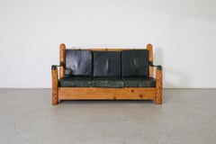 Mid-Century Pine Loveseat, Green Leather Sling Arms, Hand Carved Posts