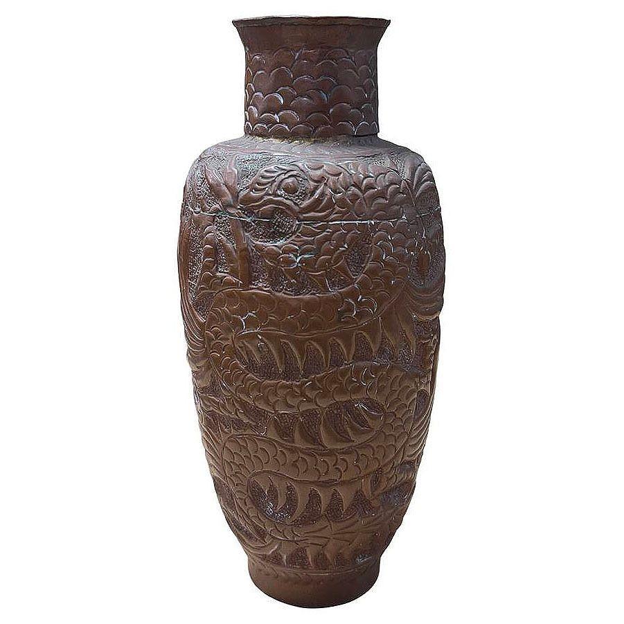 American Heavy Cast Art Deco Copper Chinese Dragon Vase For Sale