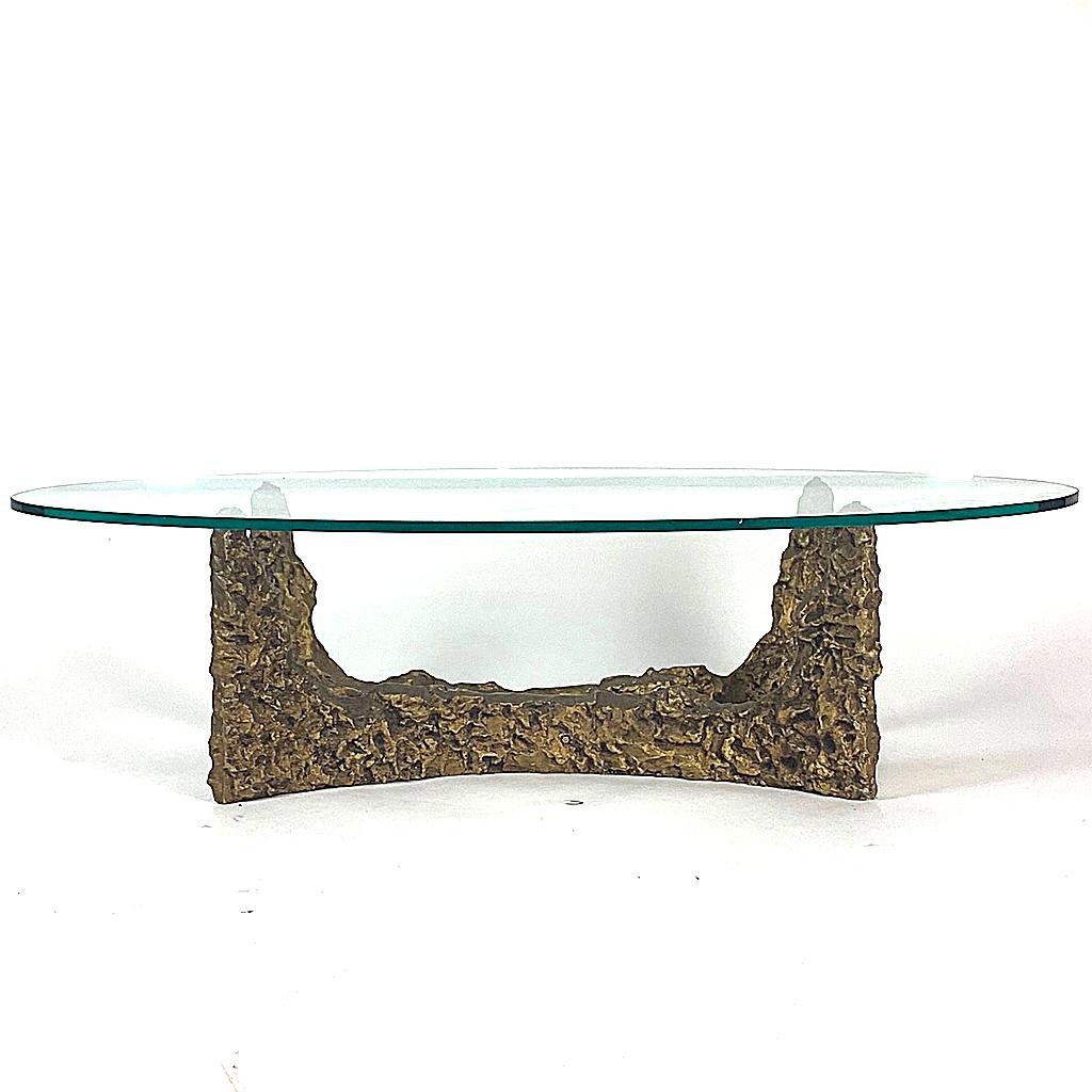 Glass Heavy Cast Bronze Sculptural Metal Brutalist Coffee Table, Manner of Paul Evans
