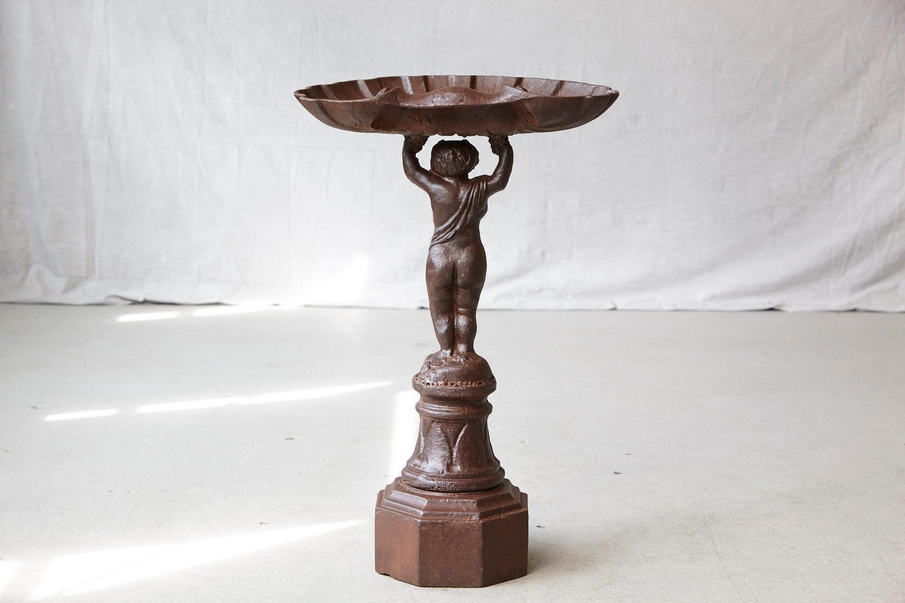 Heavy Cast Iron Birdbath, Putti Holding a Shell on Octagonal Base, 1900s 3